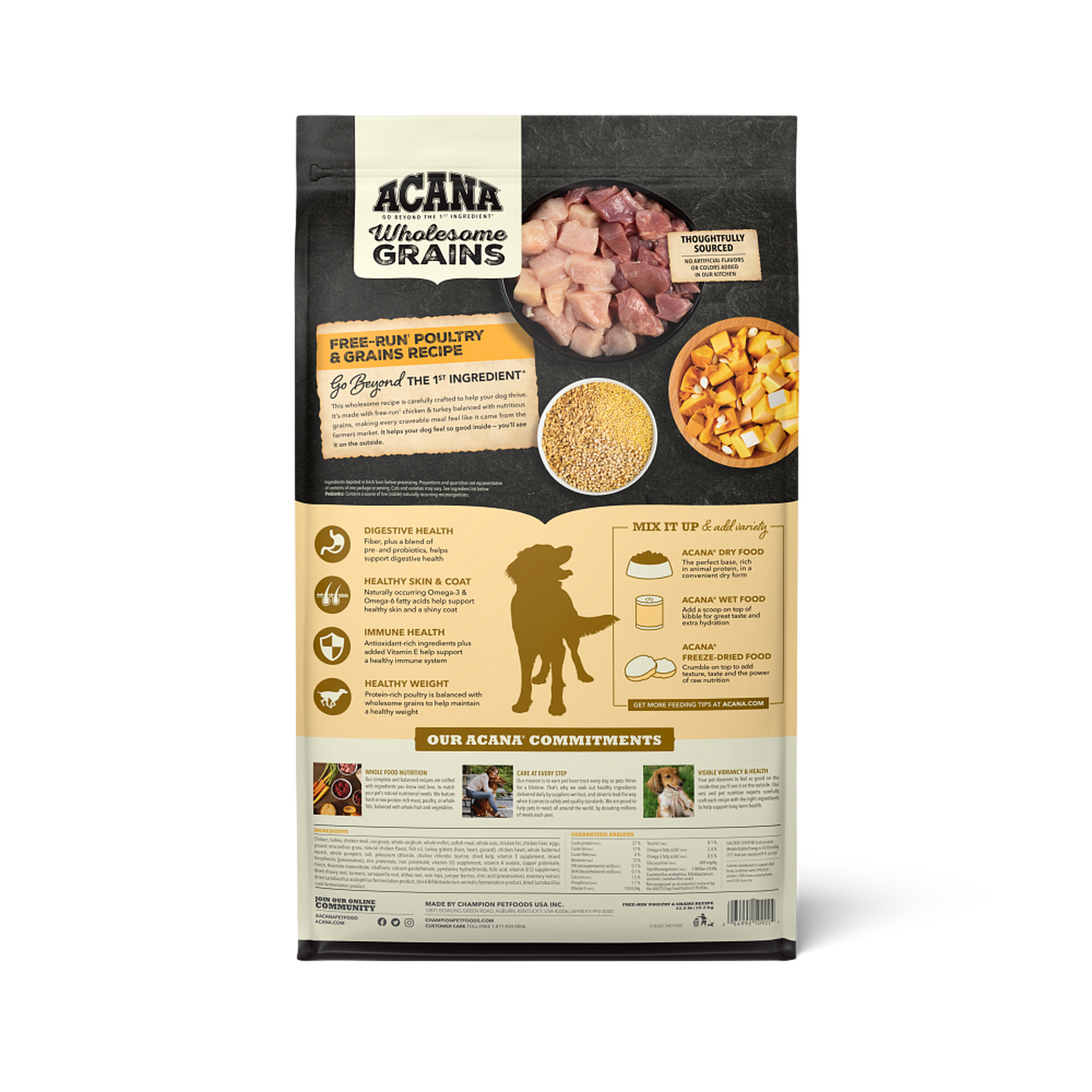 Acana Free-Run Poultry with Wholesome Grains back of bag with ingredients and guaranteed analysis