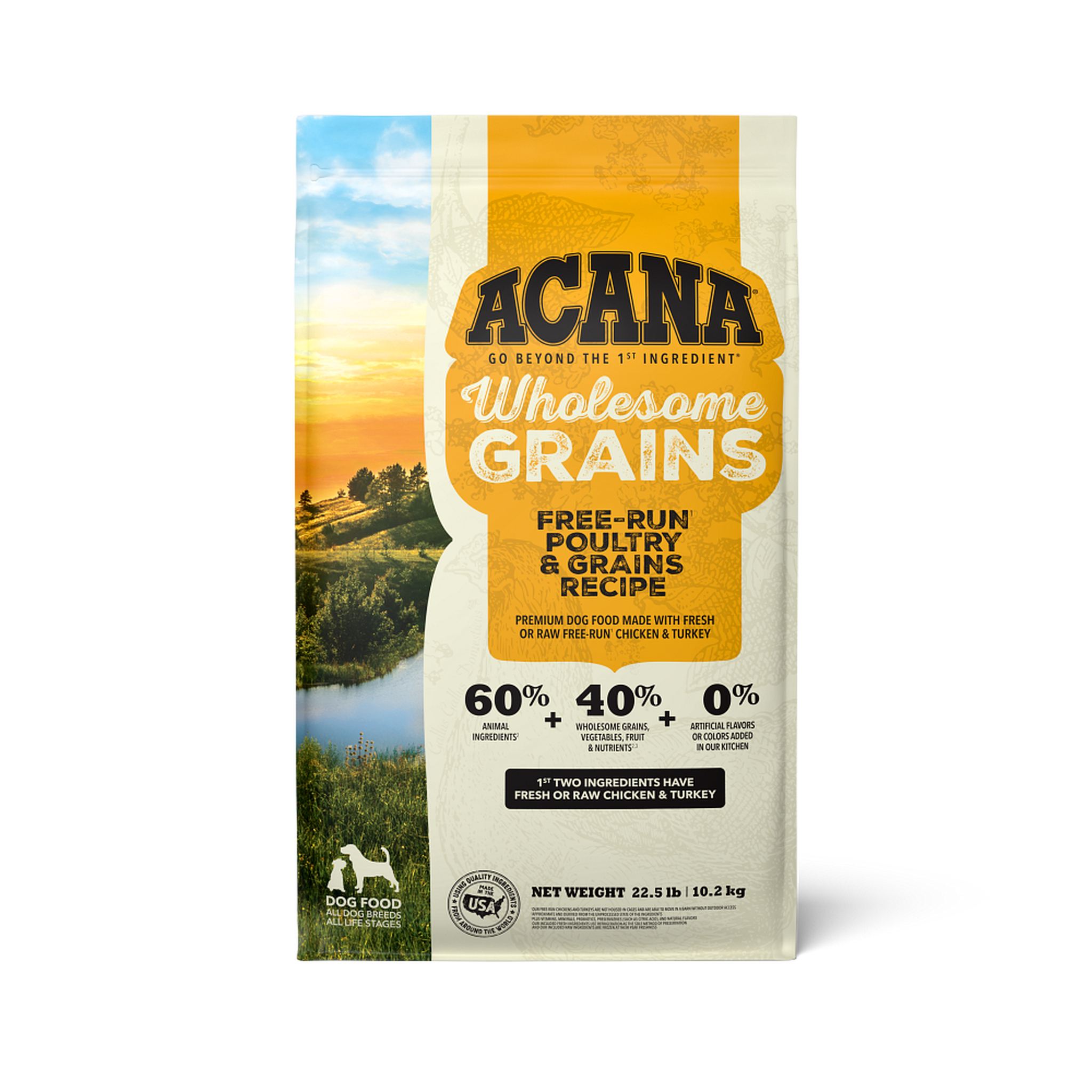 Acana Free-Run Poultry Recipe with Wholesome Grains dry dog food 22.5 lb bag front