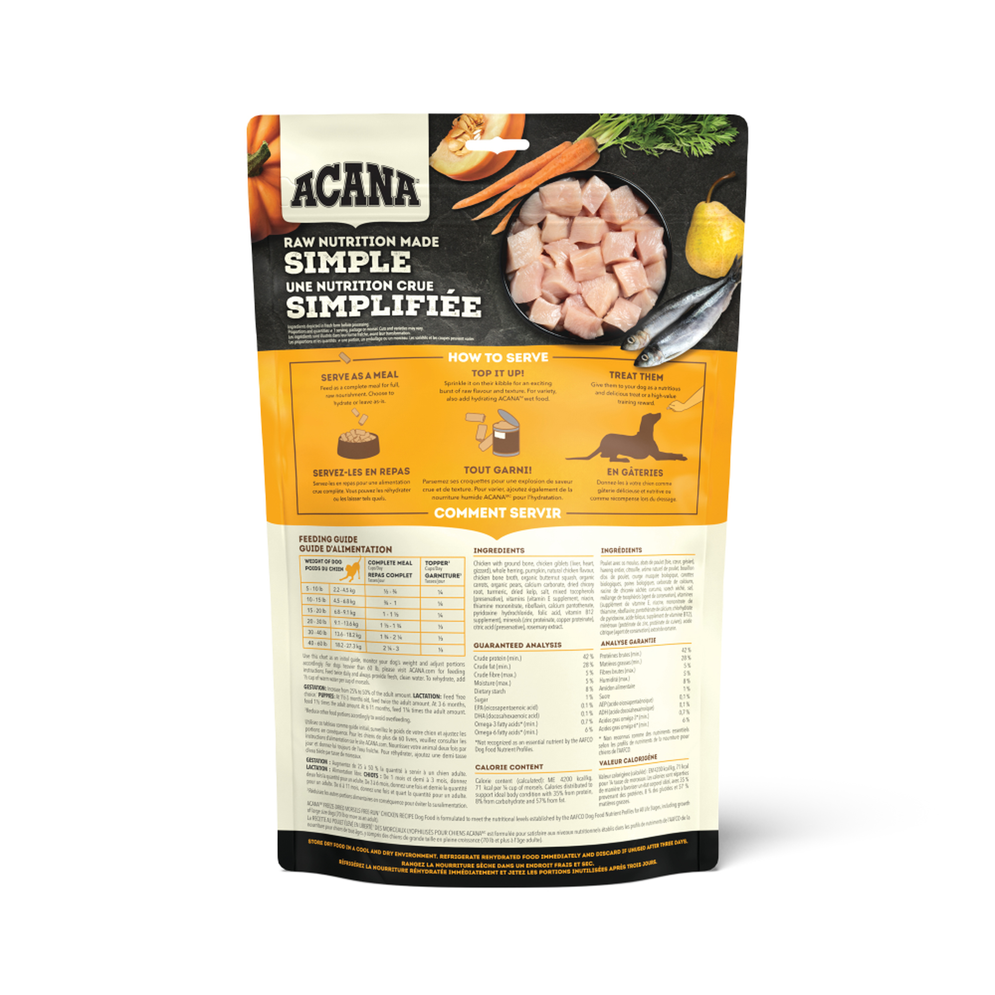 Acana freeze-dried chicken morsels bag back with how to serve, feeding guide, and guaranteed analysis