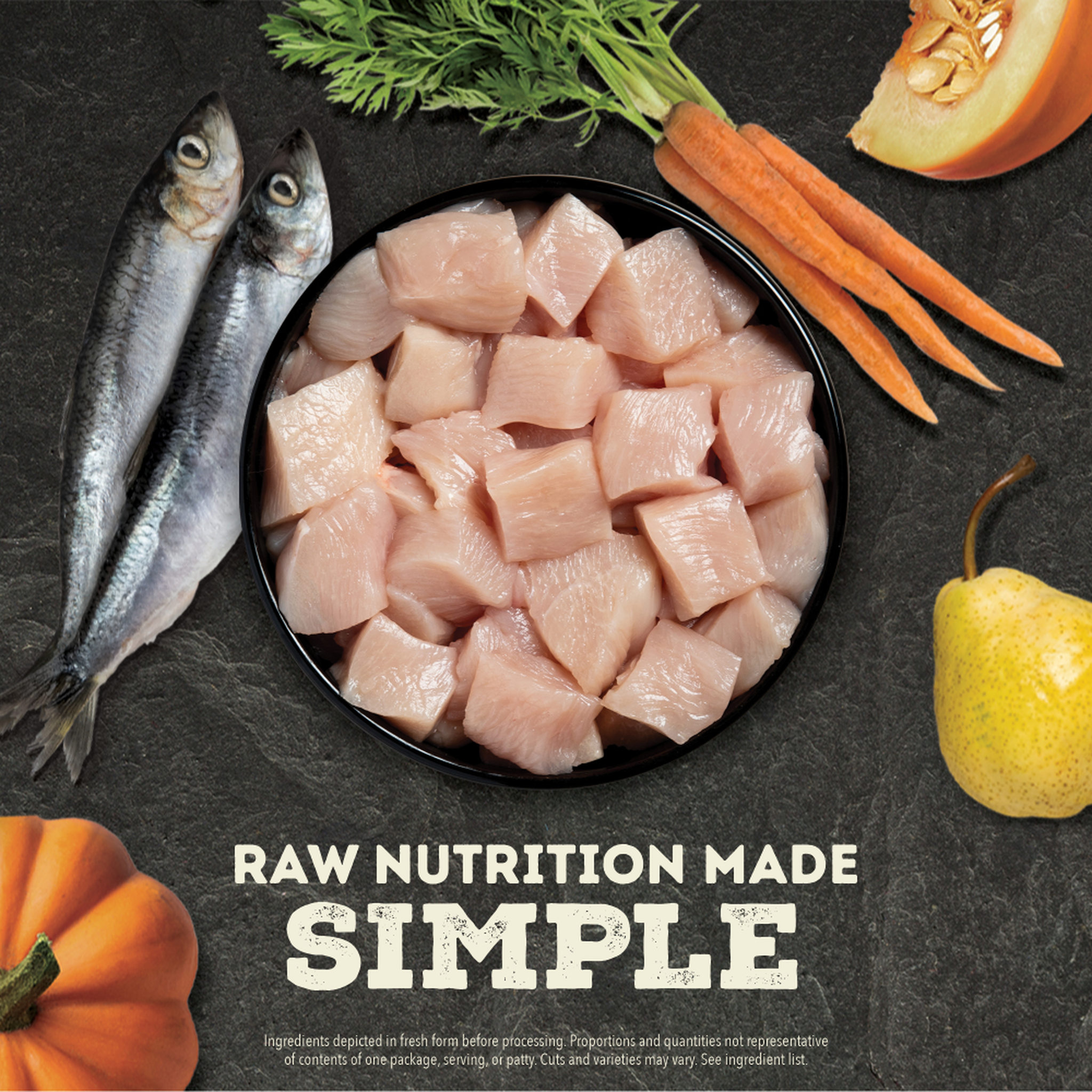 Raw nutrition made simple with chicken, whole fish, and fresh produce