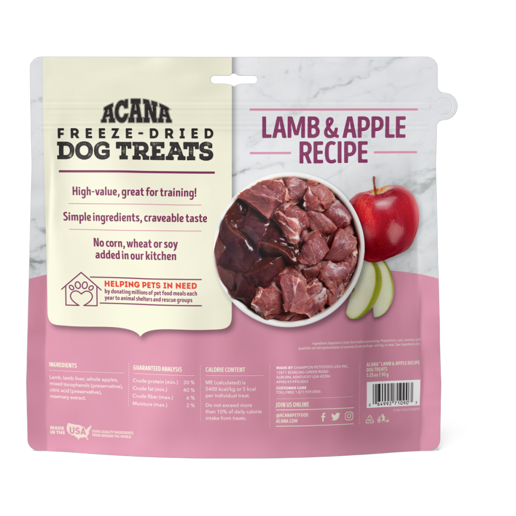 Acana Lamb & Apple freeze-dried treats bag back with ingredients and guaranteed analysis
