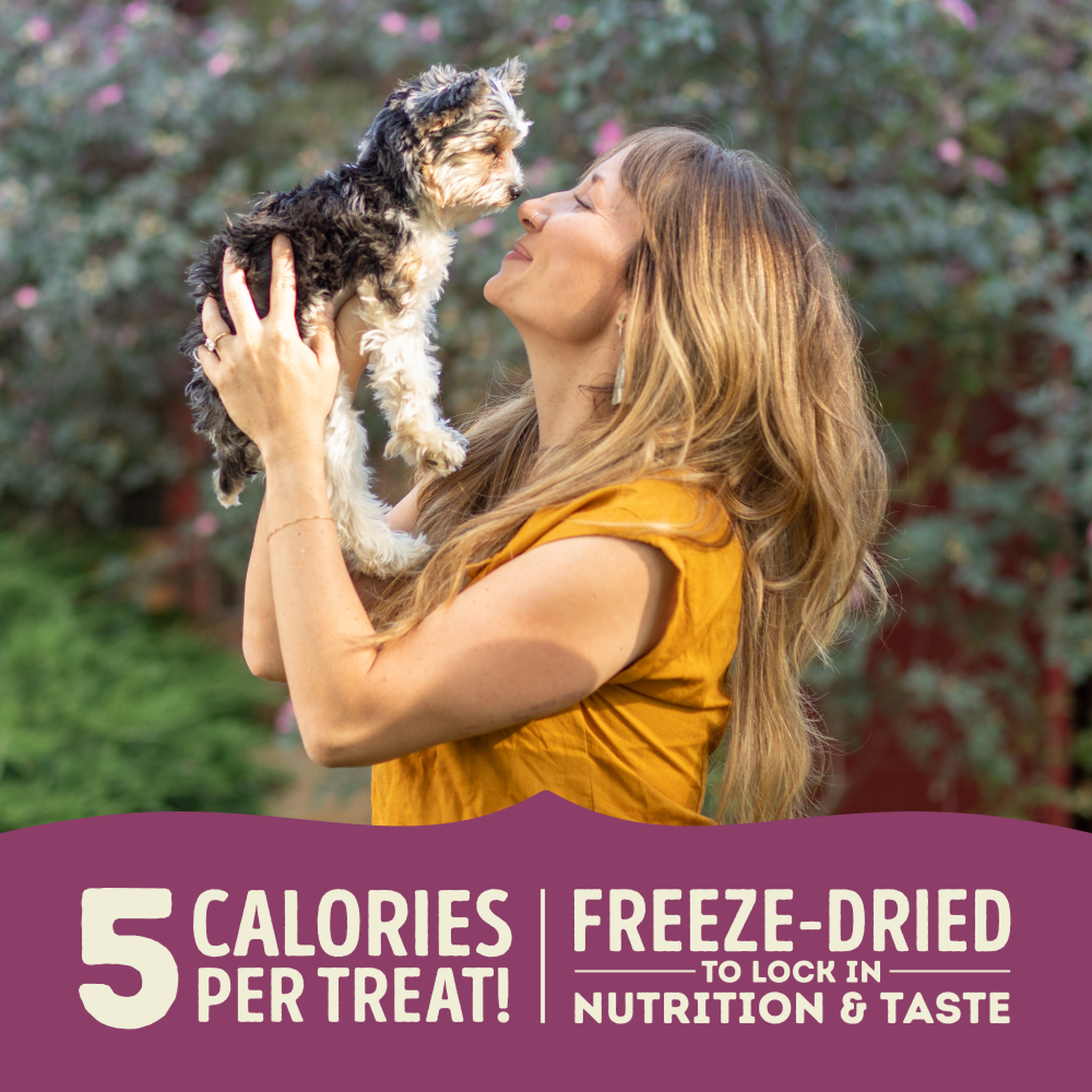Only 5 calories per treat, freeze-dried to lock in nutrition and taste