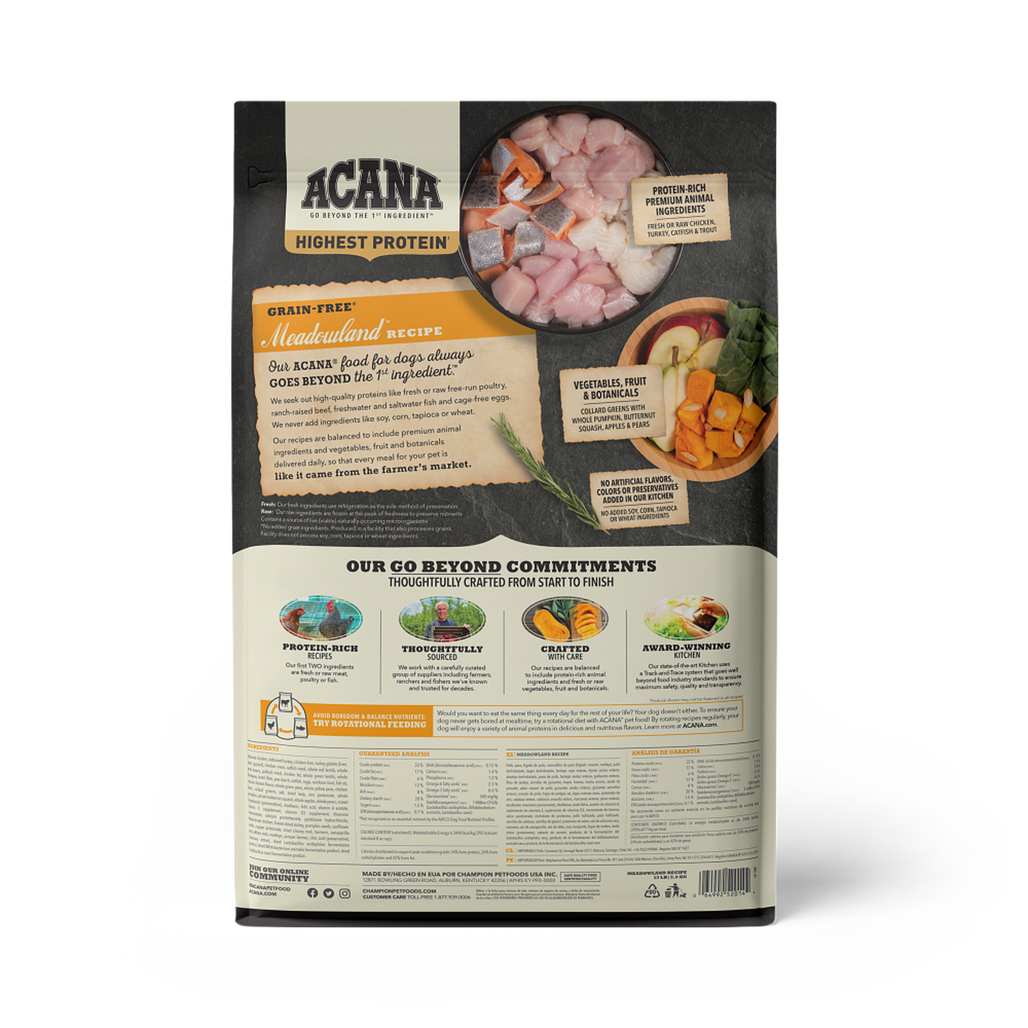 Acana Meadowland Recipe dry dog food back of bag with grain-free ingredients, guaranteed analysis, and feeding information