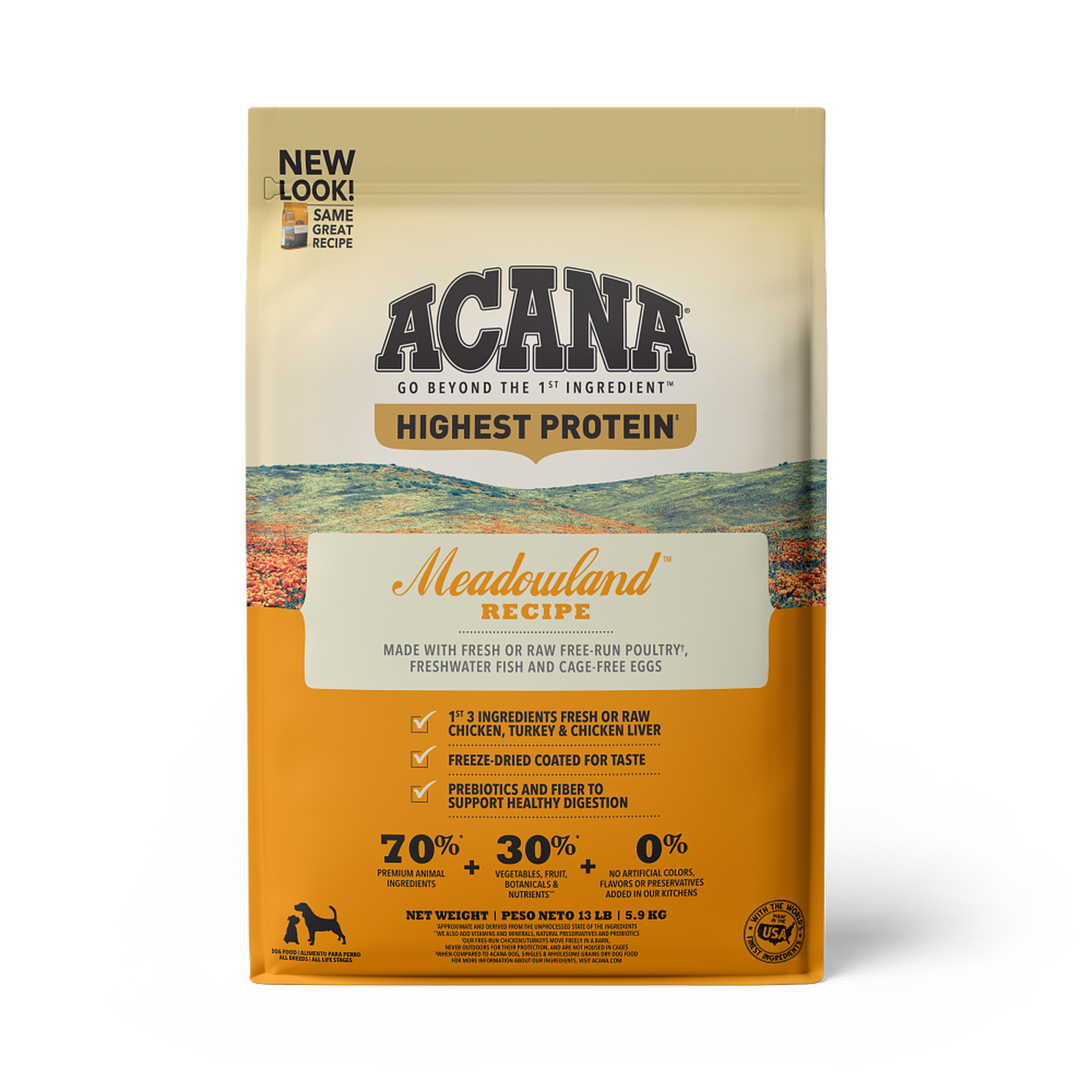 Acana Meadowland Recipe grain-free dry dog food, front of bag with Highest Protein free-run poultry and freshwater fish formula