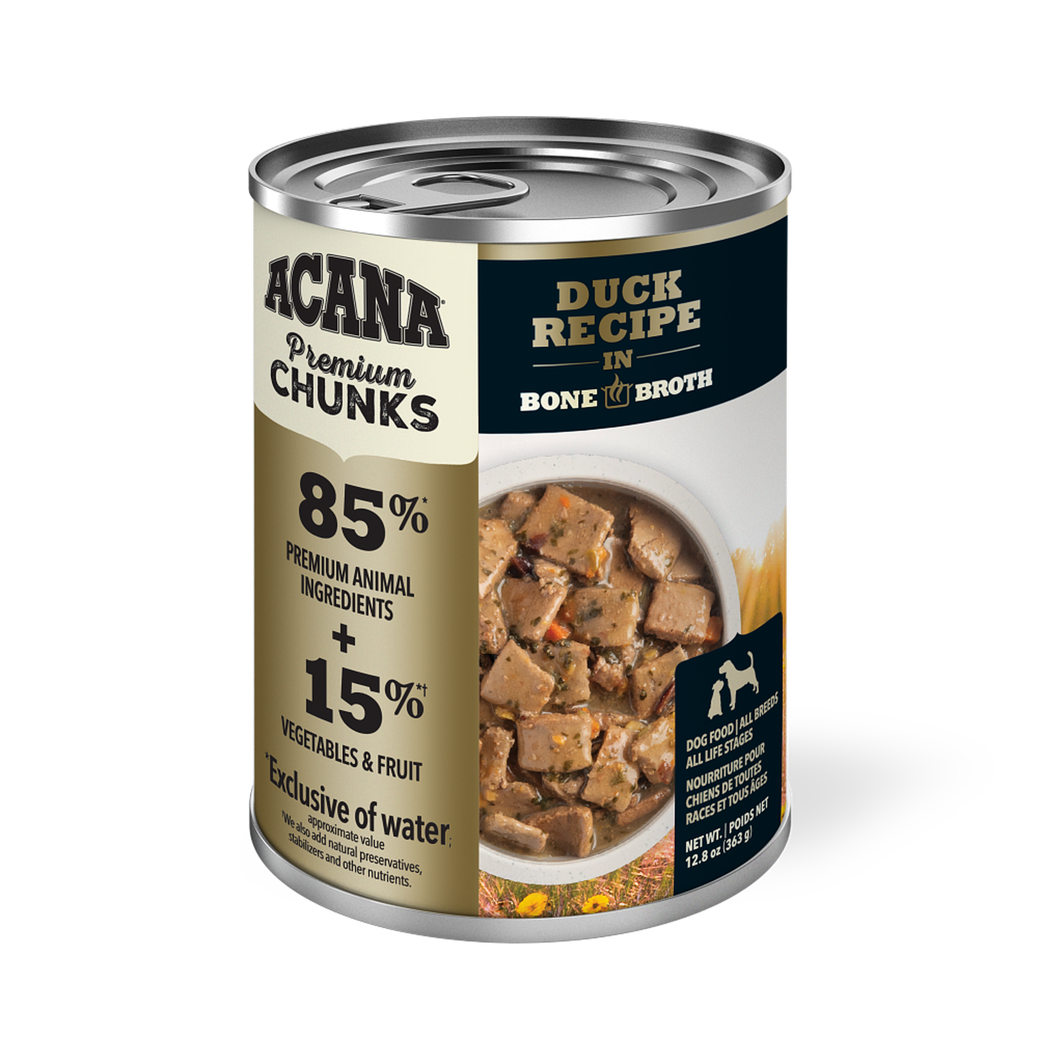 ACANA Premium Chunks Duck Recipe in Bone Broth wet dog food, front of the 12.8 oz can with 85 percent premium animal ingredients and 15 percent vegetables and fruit callouts