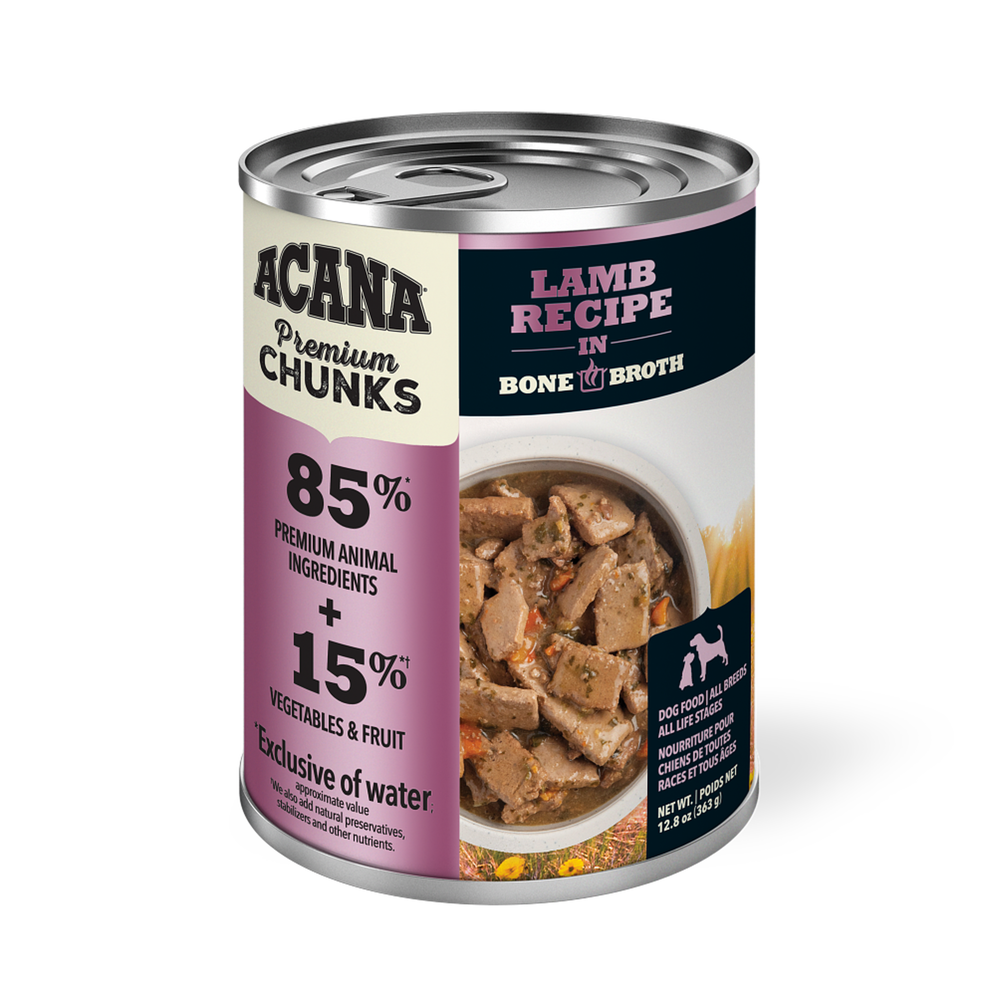 ACANA Premium Chunks Lamb Recipe in Bone Broth wet dog food, front of the 12.8 oz can with 85 percent premium animal ingredients and 15 percent vegetables and fruit callouts