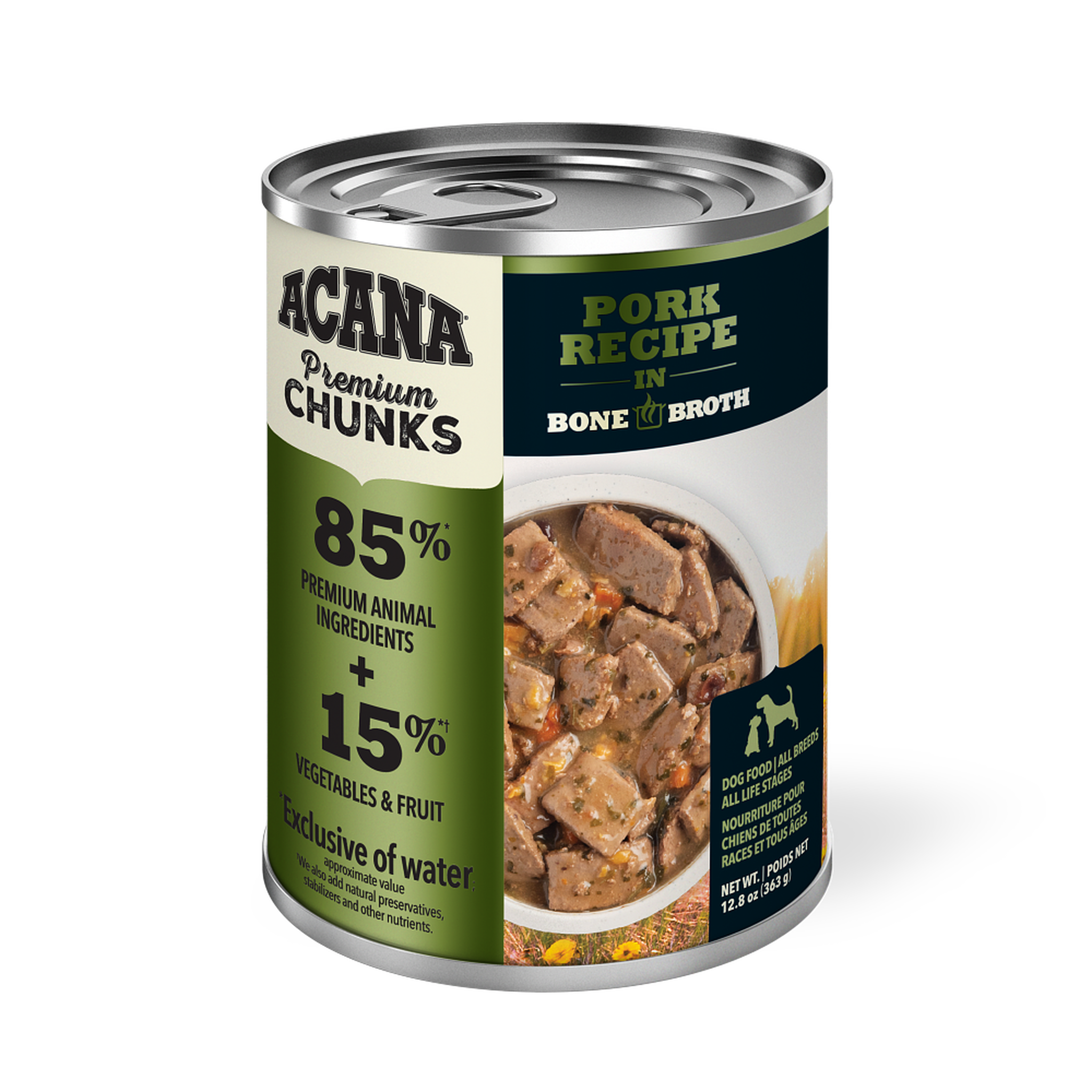 Acana Premium Chunks Pork Recipe in Bone Broth wet dog food, front of the 12.8 oz can with 85 percent premium animal ingredients and 15 percent vegetables and fruit callouts