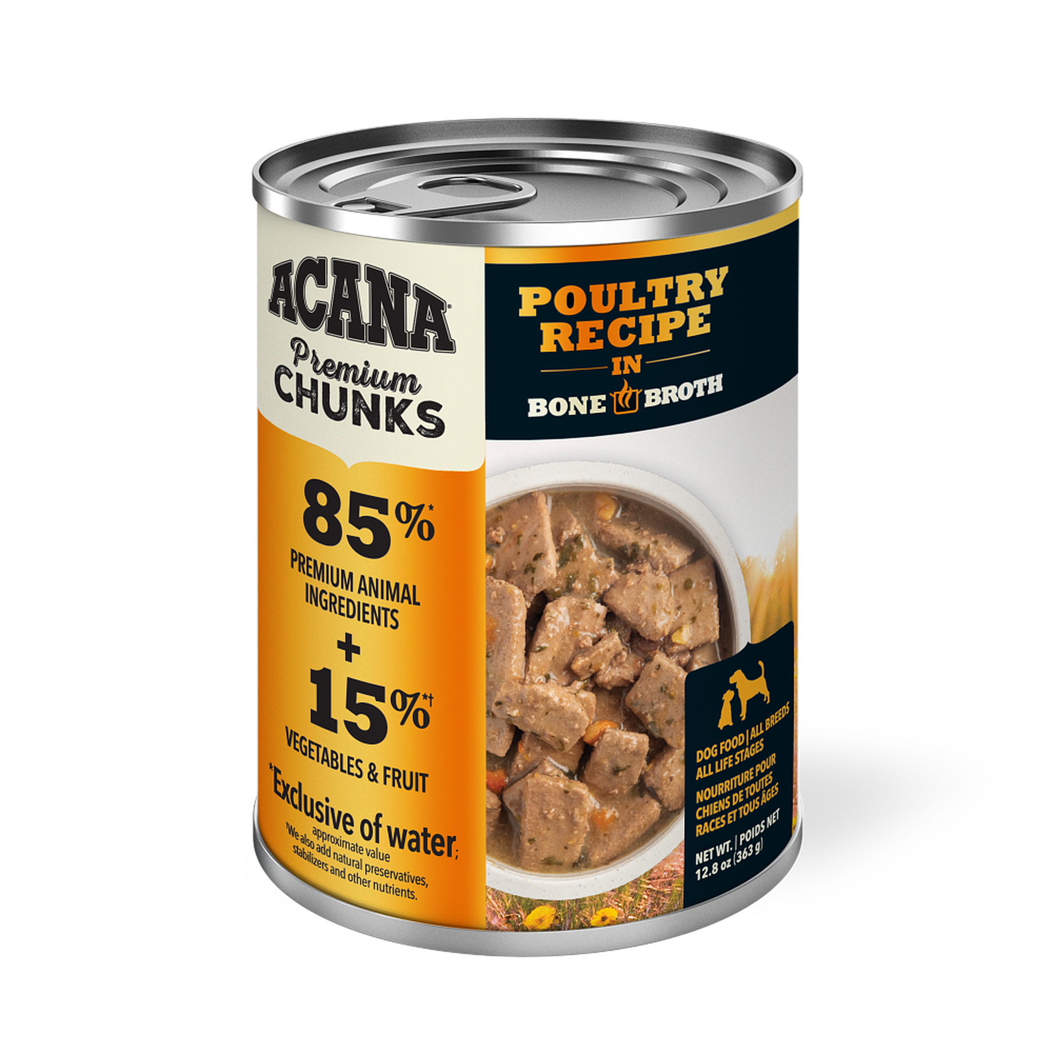 ACANA Premium Chunks Poultry Recipe in Bone Broth wet dog food, front of the 12.8 oz can with 85 percent premium animal ingredients and 15 percent vegetables and fruit callouts