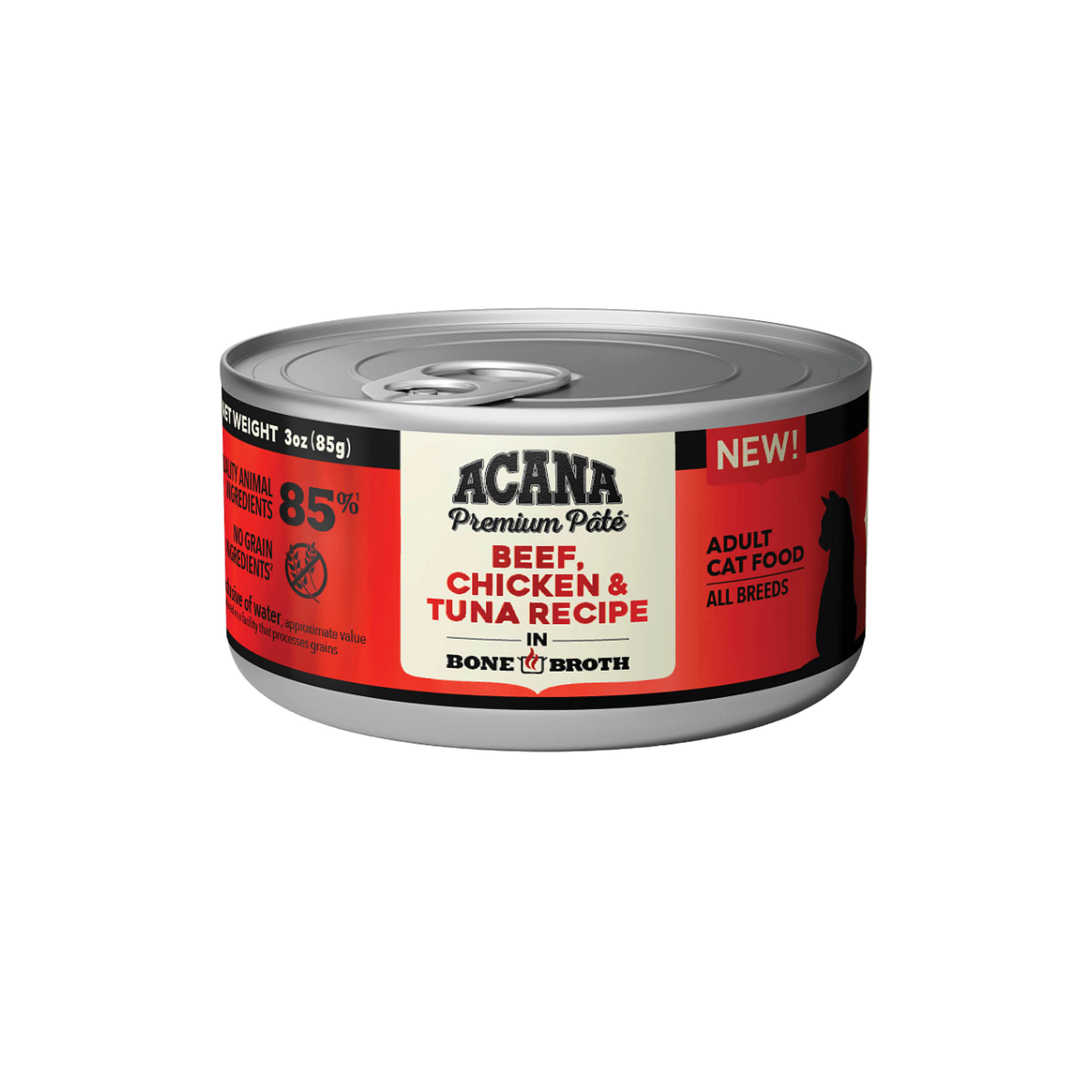 ACANA Premium Pâté Beef, Chicken & Tuna Recipe in Bone Broth adult cat food, front of the 3 oz can with 85 percent premium animal ingredients and no grain callouts