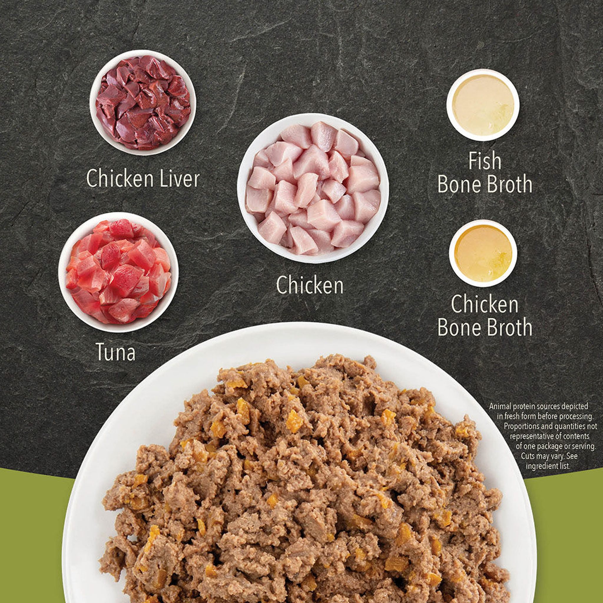 Bowls of chicken liver, tuna, chicken, fish bone broth, and chicken bone broth arranged above a plate of Acana Premium Pâté Chicken and Tuna Kitten Recipe