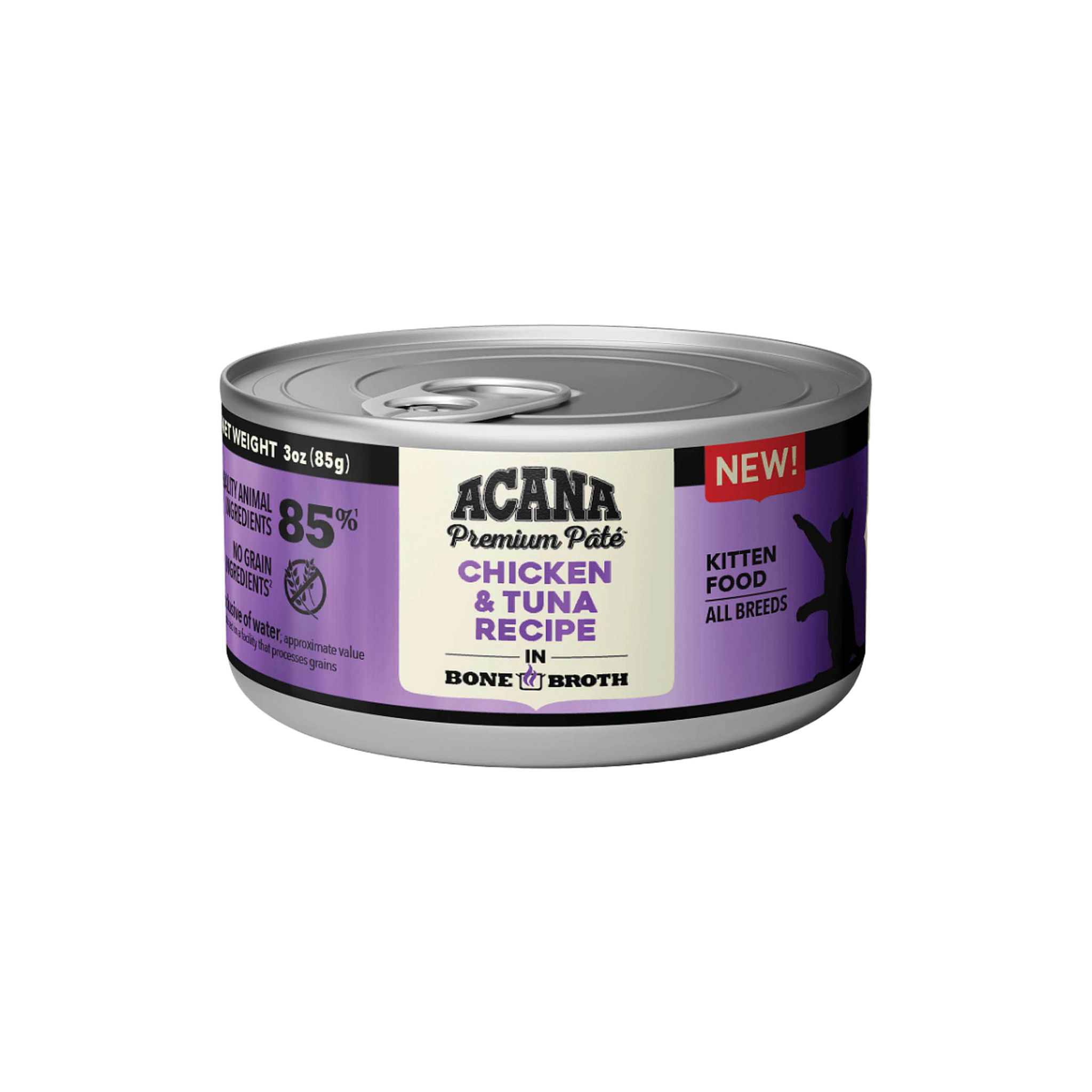 Acana Premium Pâté Chicken & Tuna Kitten Recipe wet cat food, front of the 3 oz can in bone broth with callouts for 85 percent quality animal ingredients, no grain ingredients, and all breeds