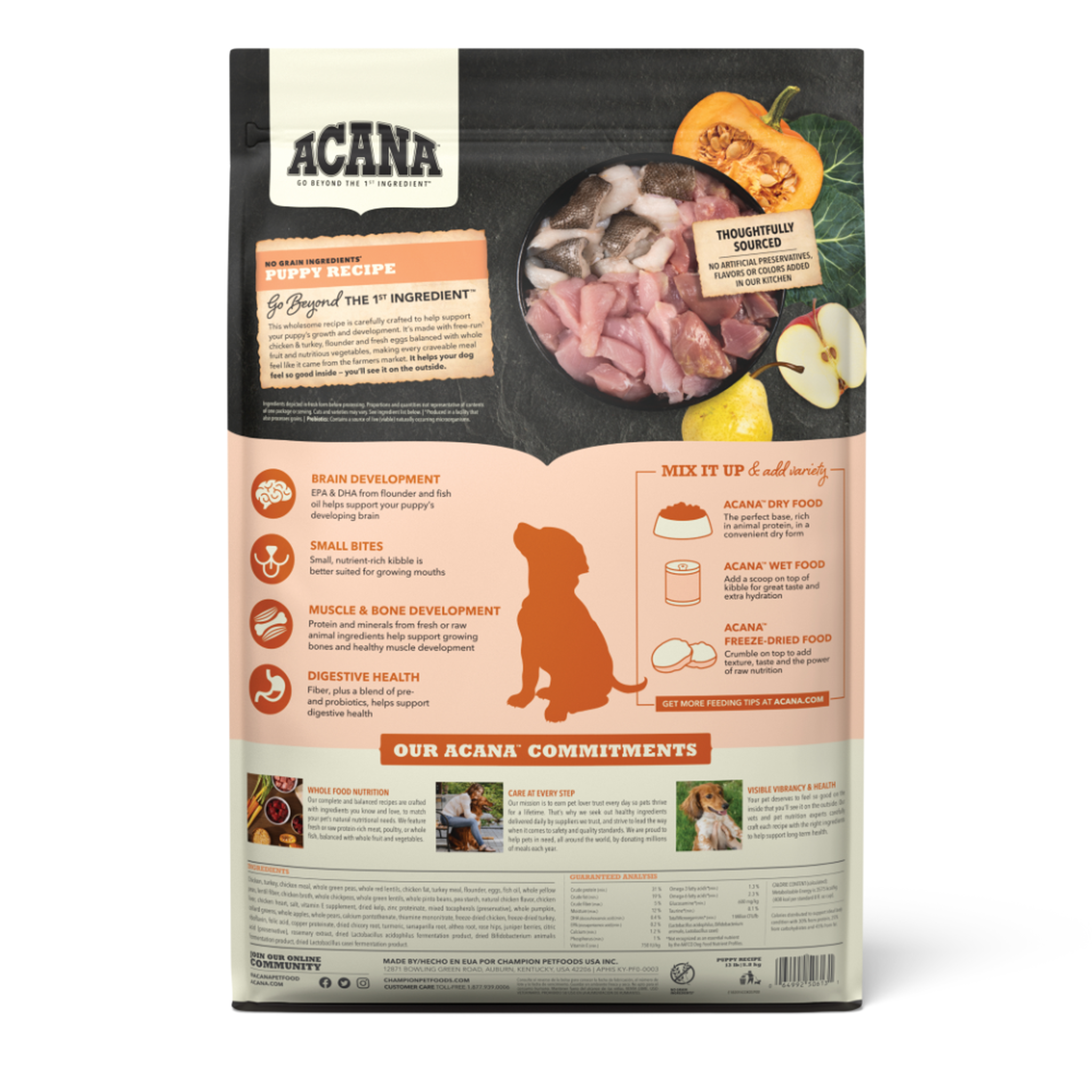 Acana Puppy Recipe Dry Dog Food back of bag with brain, small bites, muscle, bone and digestive benefits