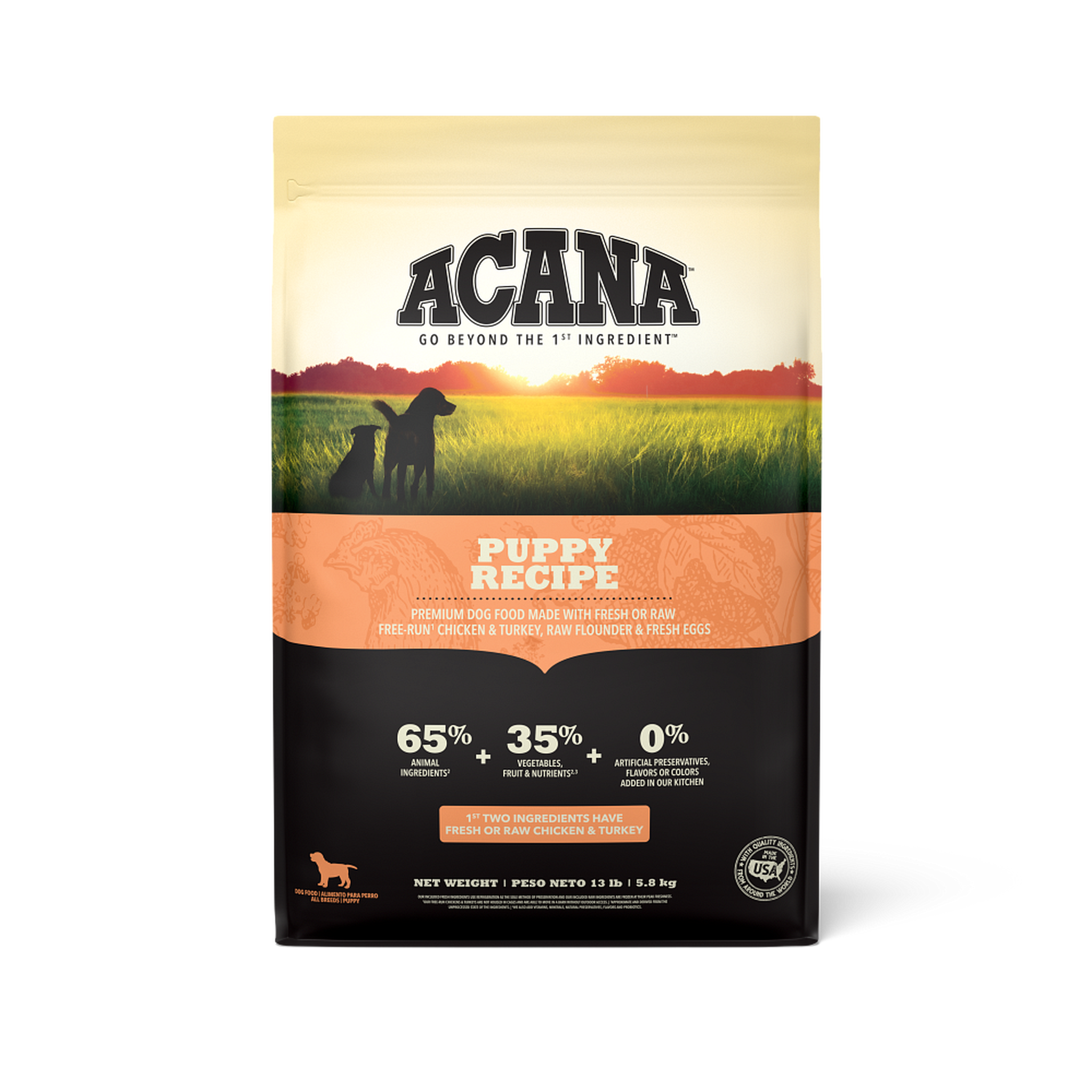 Acana Puppy Recipe Dry Dog Food front of bag, 65% animal ingredients, 13 lb