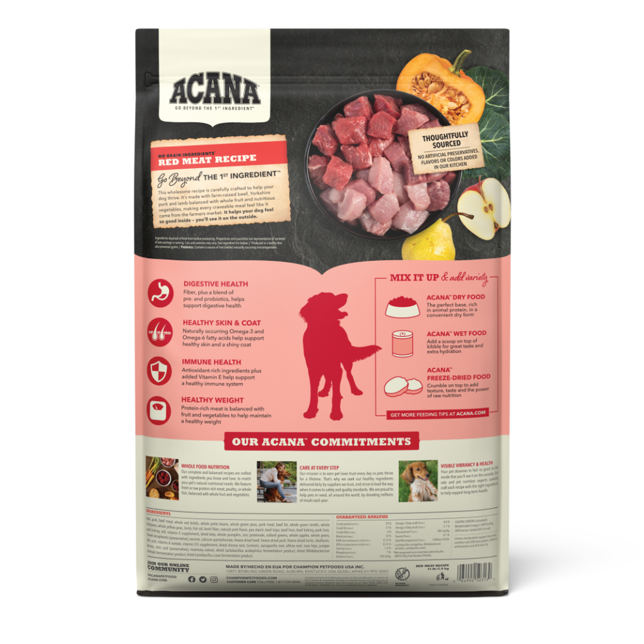 Back of the Acana Red Meat Formula bag with a bowl of fresh beef, pork and lamb, whole pumpkin, apple and pear, and digestive, skin, immune and weight benefit icons