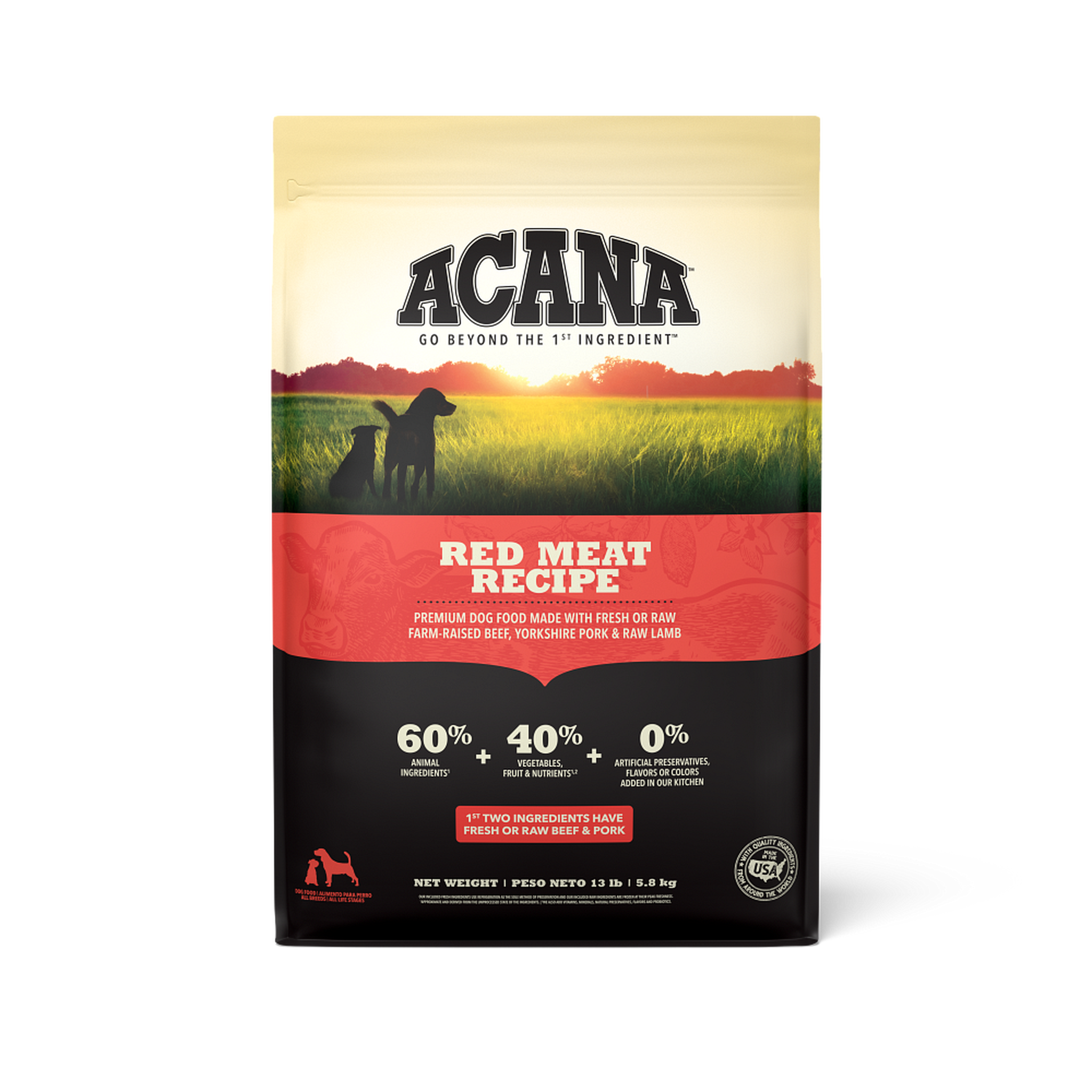Acana Red Meat Formula Dry Dog Food front of the 13 lb bag with fresh or raw beef, pork and lamb and 60 percent animal ingredients