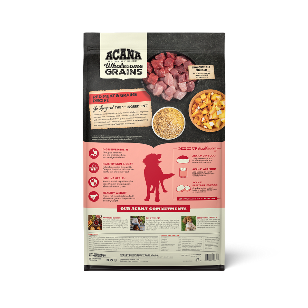 Acana Red Meat Recipe with Wholesome Grains back of bag showing benefits, ingredients and guaranteed analysis