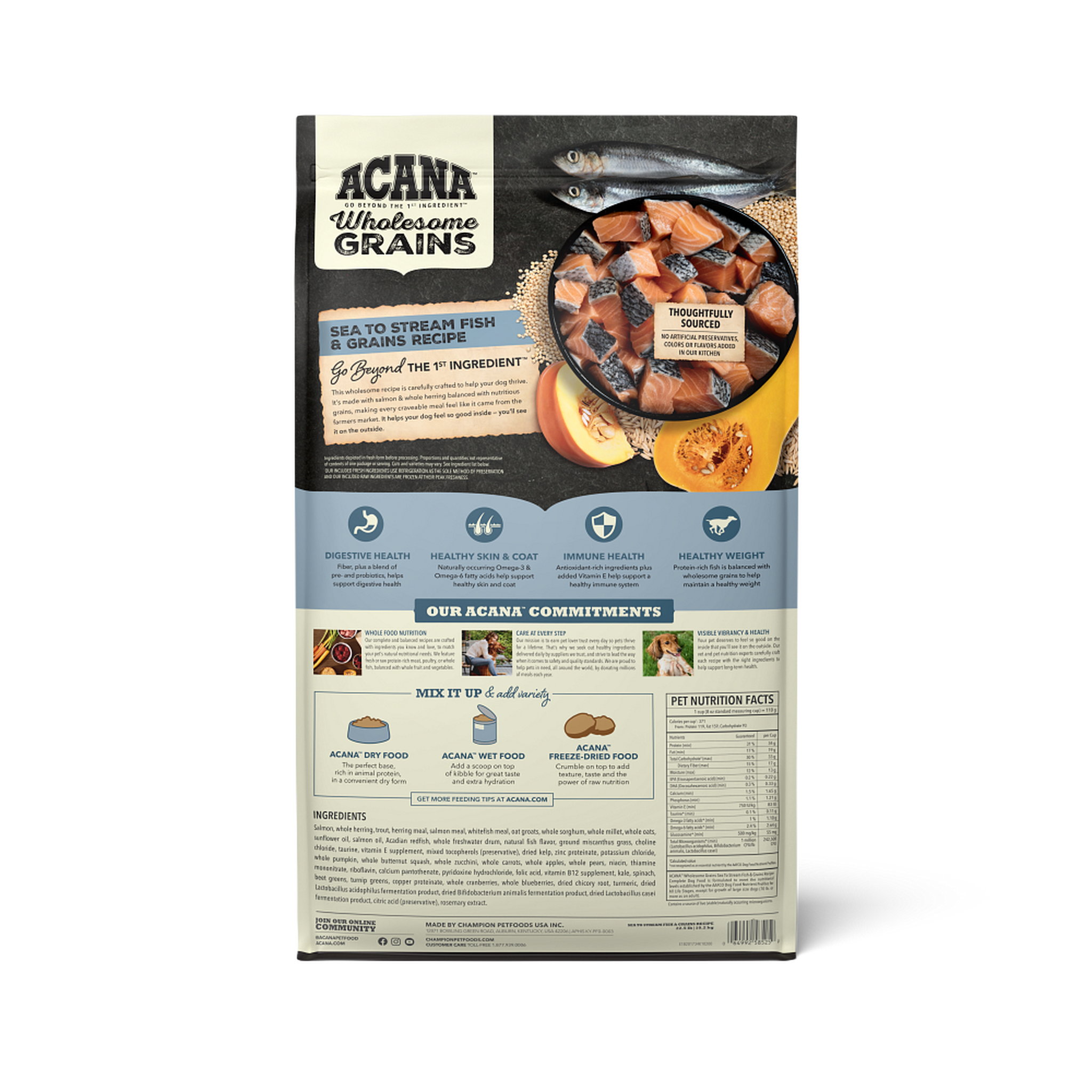 Back of the Acana Sea to Stream Fish and Grains bag showing pet nutrition facts, the full ingredient list, and benefits for digestive health, skin and coat, immune health and healthy weight