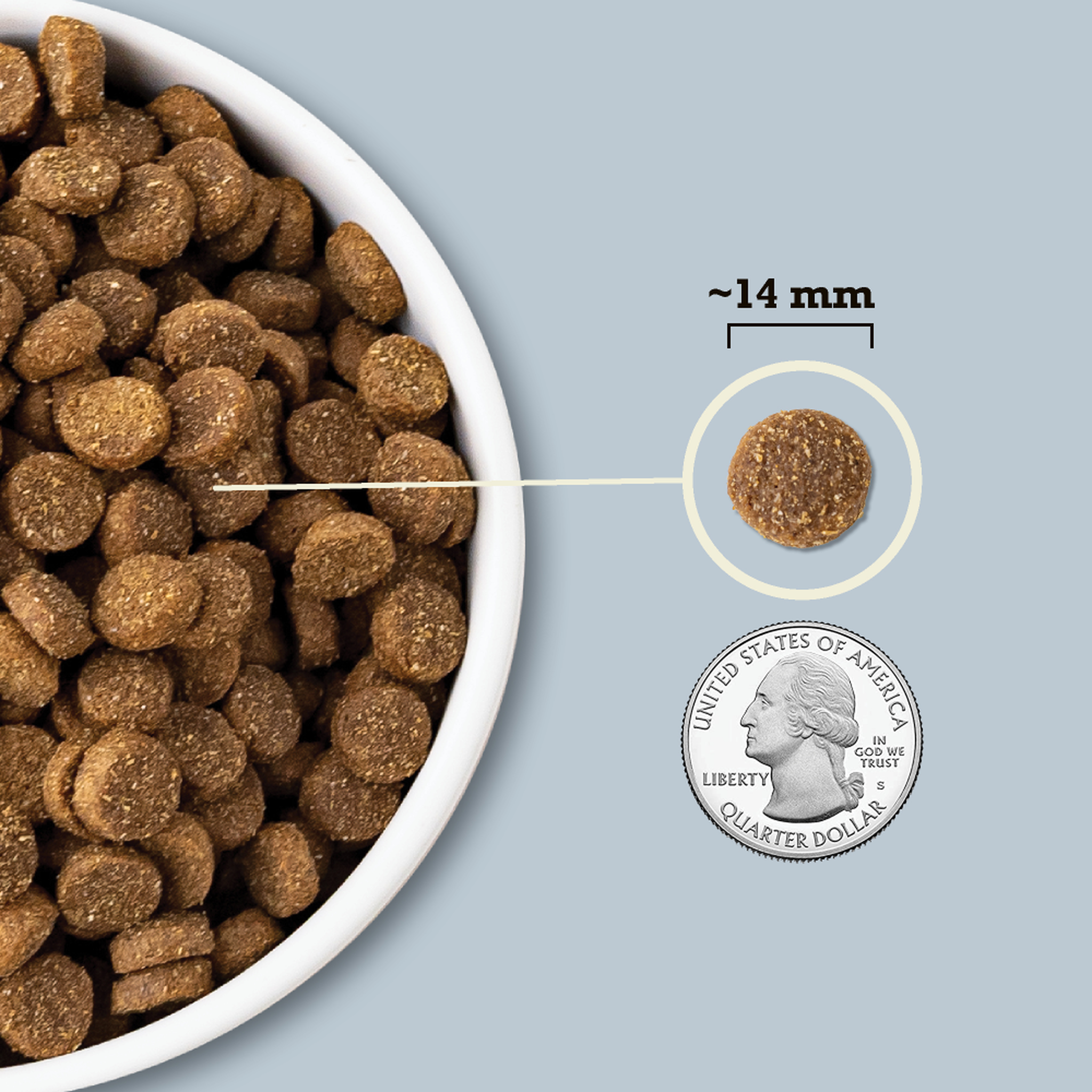 Close-up of Acana Sea to Stream kibble in a bowl with a size comparison showing each piece is about 14 millimeters, roughly the width of a quarter coin