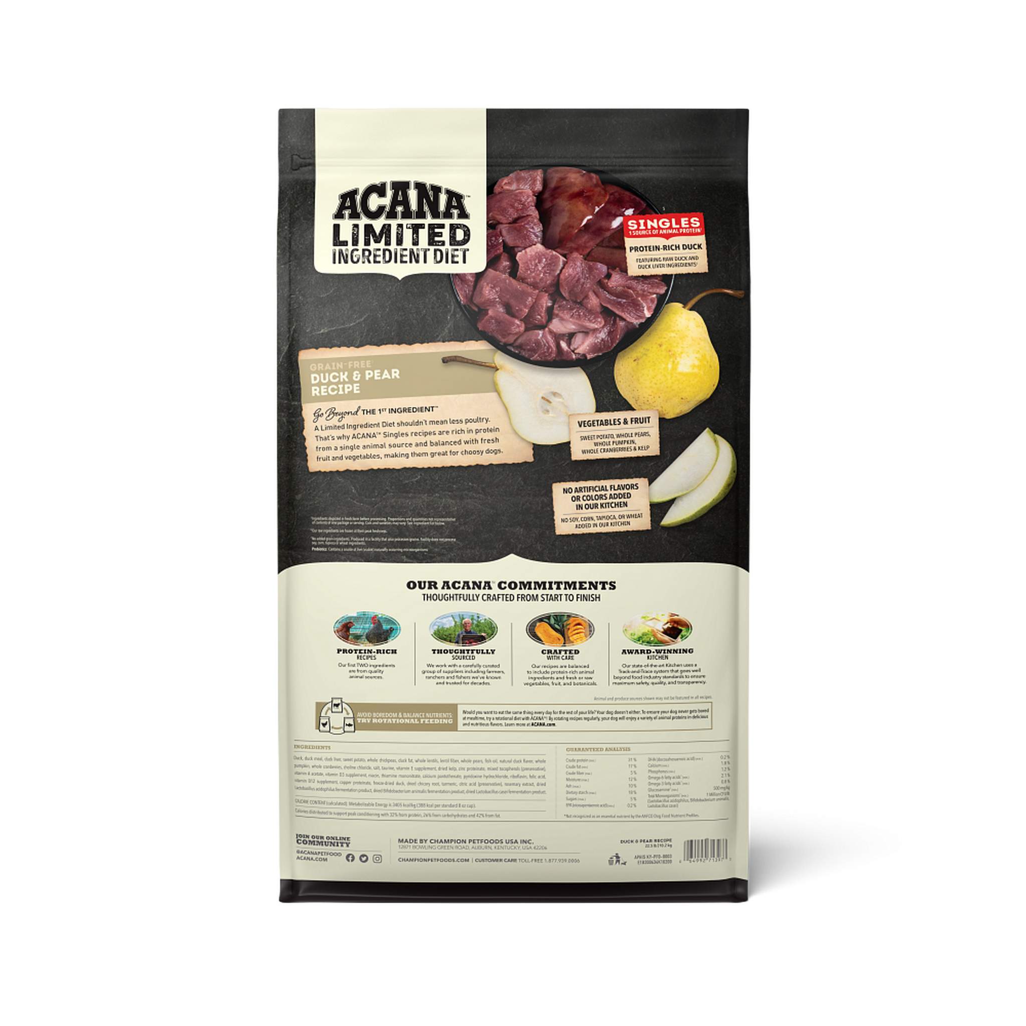 Acana Singles Duck & Pear Recipe dry dog food back of bag with ingredients and guaranteed analysis