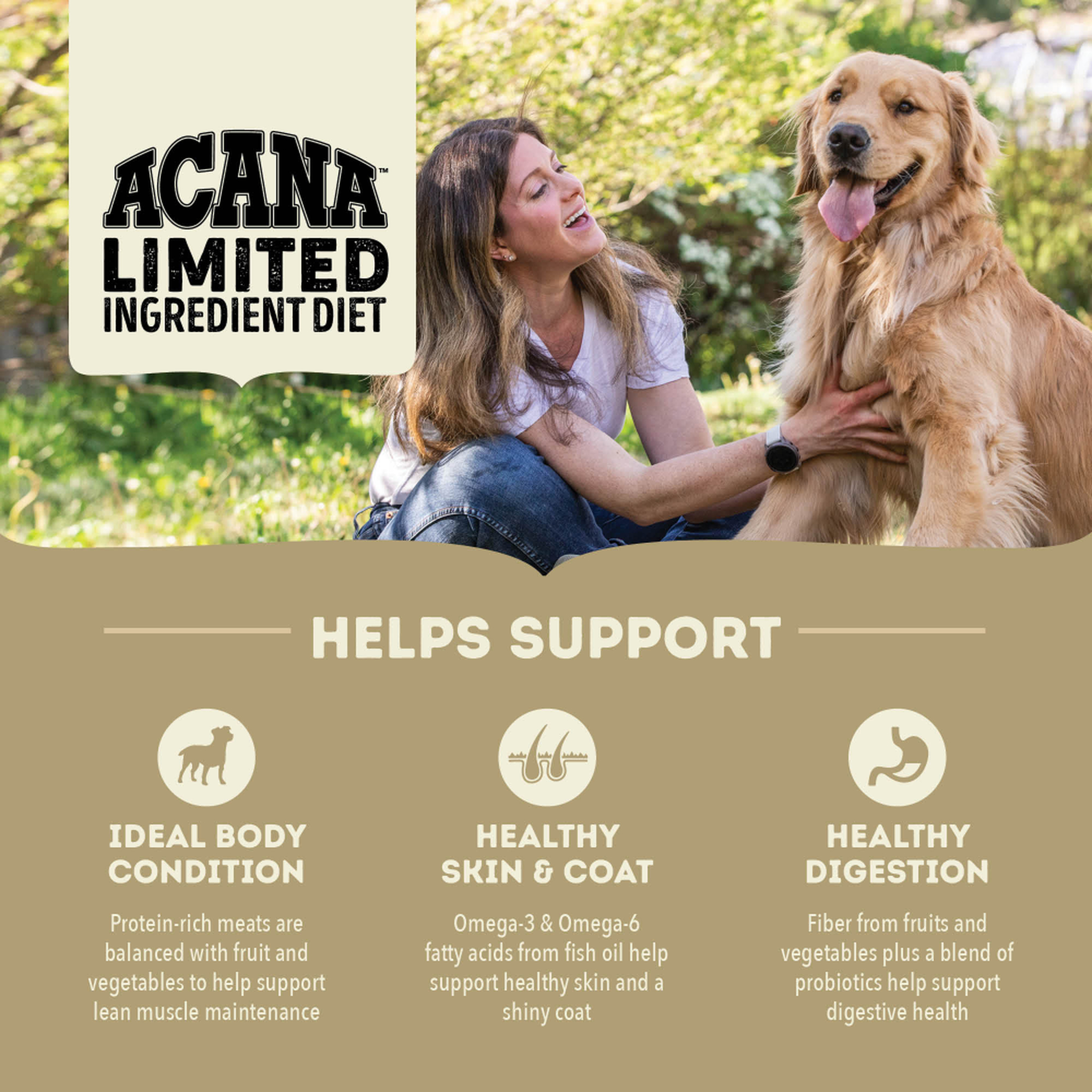 Acana Singles Duck & Pear helps support ideal body condition, healthy skin and coat, and healthy digestion