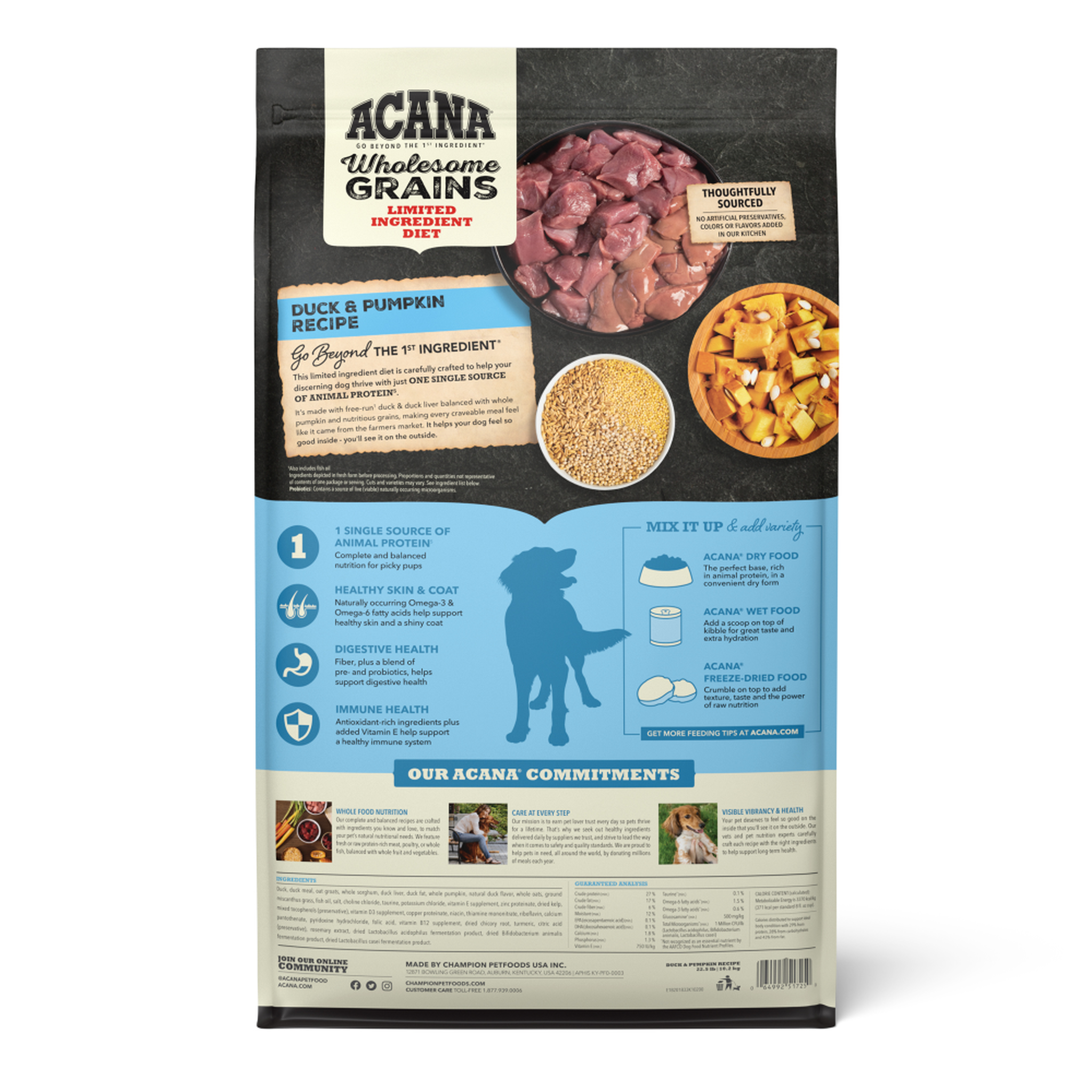 Acana Duck & Pumpkin with Wholesome Grains back of bag with ingredients and guaranteed analysis