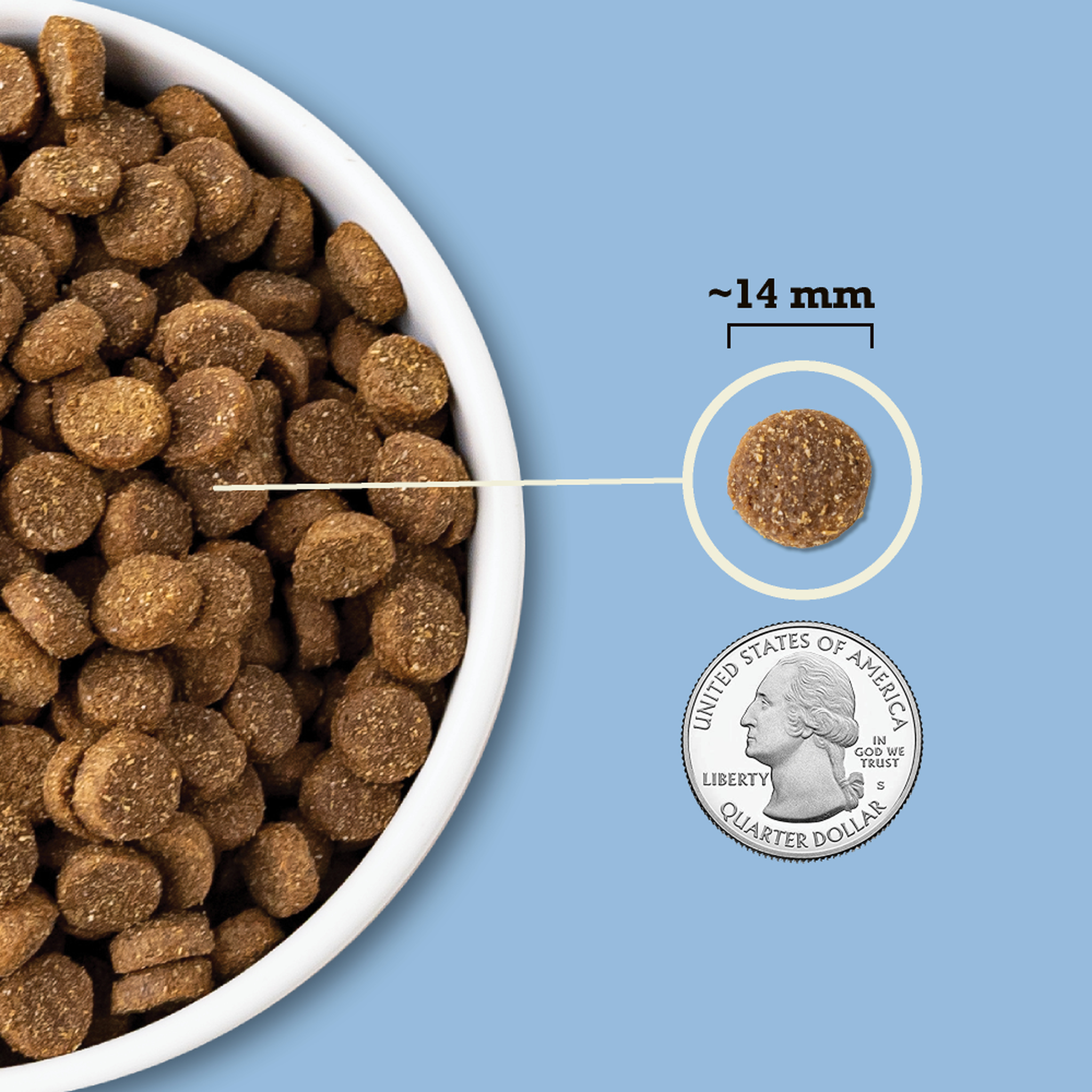 Acana Duck & Pumpkin with Wholesome Grains kibble shown at about 14 mm next to a quarter