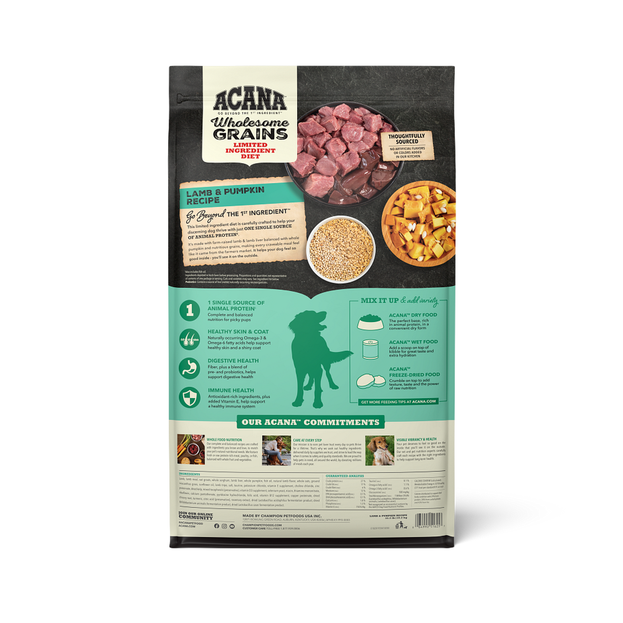 Acana Lamb & Pumpkin with Wholesome Grains back of bag with ingredients and guaranteed analysis