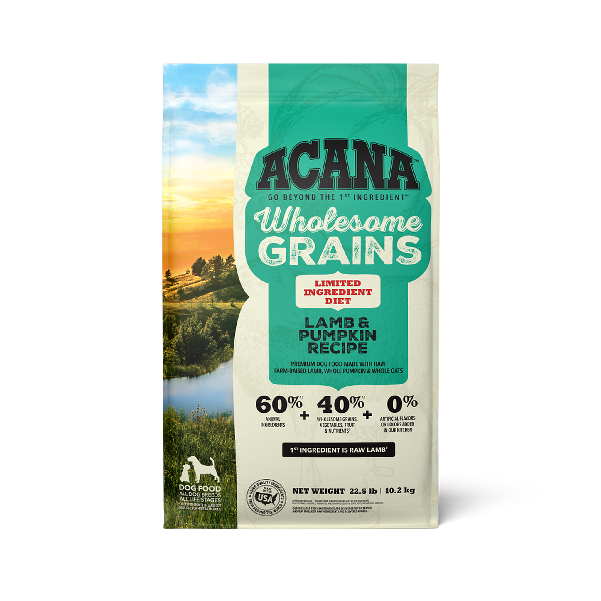 Acana Lamb & Pumpkin Recipe with Wholesome Grains dry dog food 22.5 lb bag front