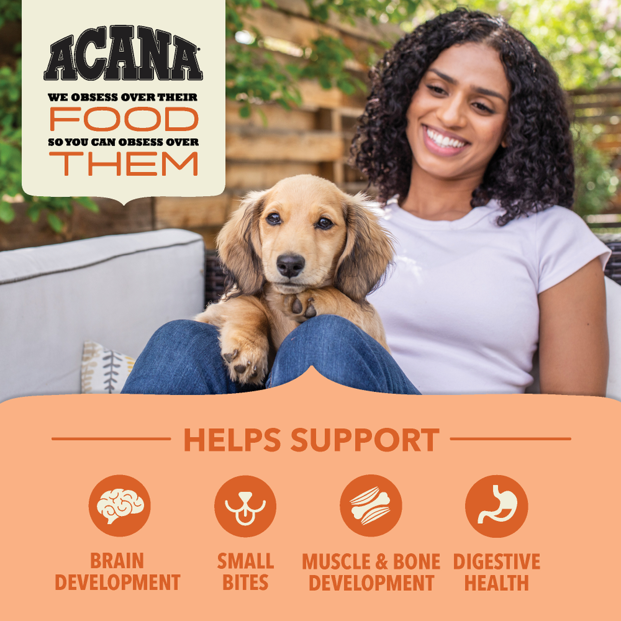 Woman holding a dachshund puppy with icons for brain development, small bites, muscle and bone development and digestive health