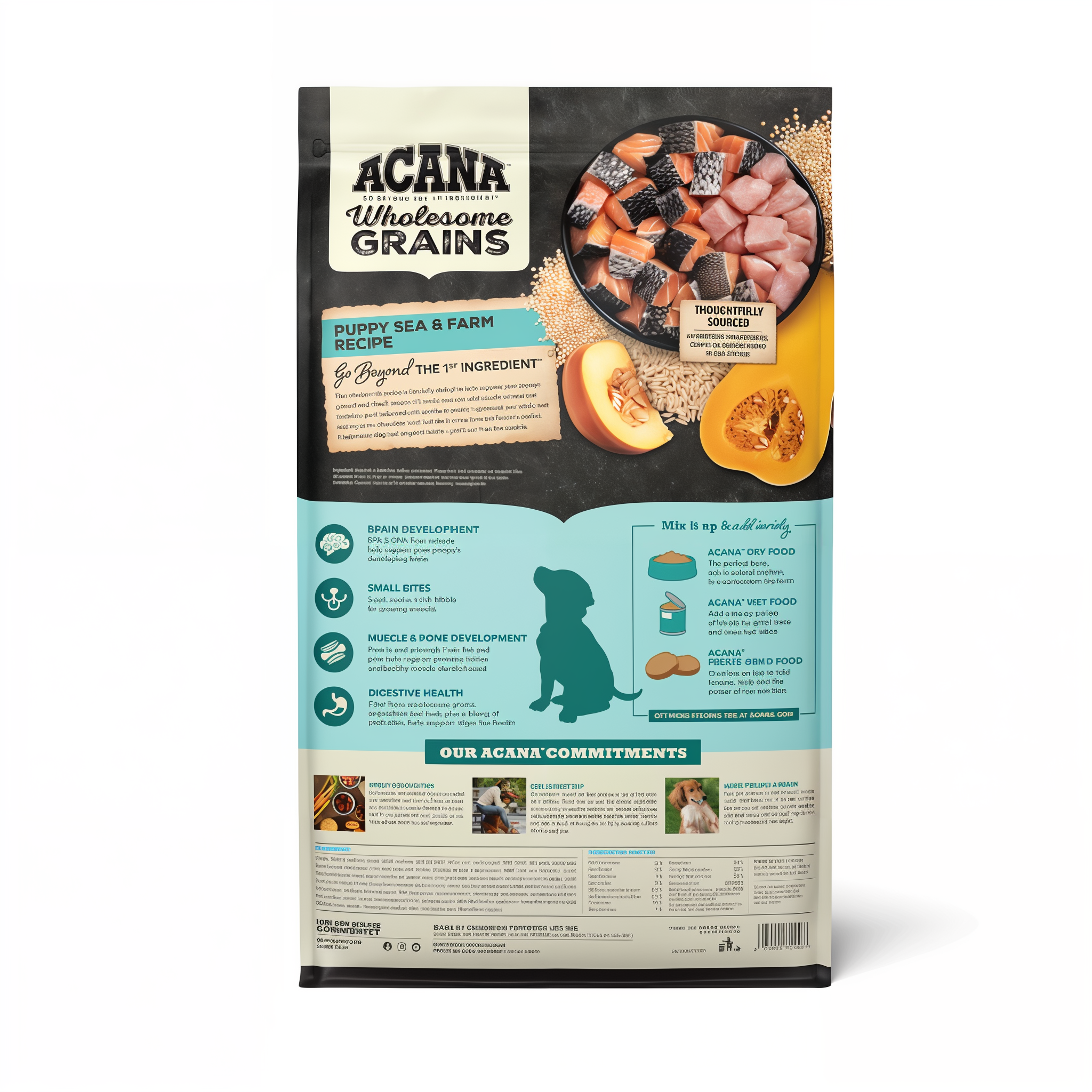 Back of Acana Wholesome Grains Puppy Sea & Farm bag with raw salmon and pork, ingredients, guaranteed analysis and feeding benefits