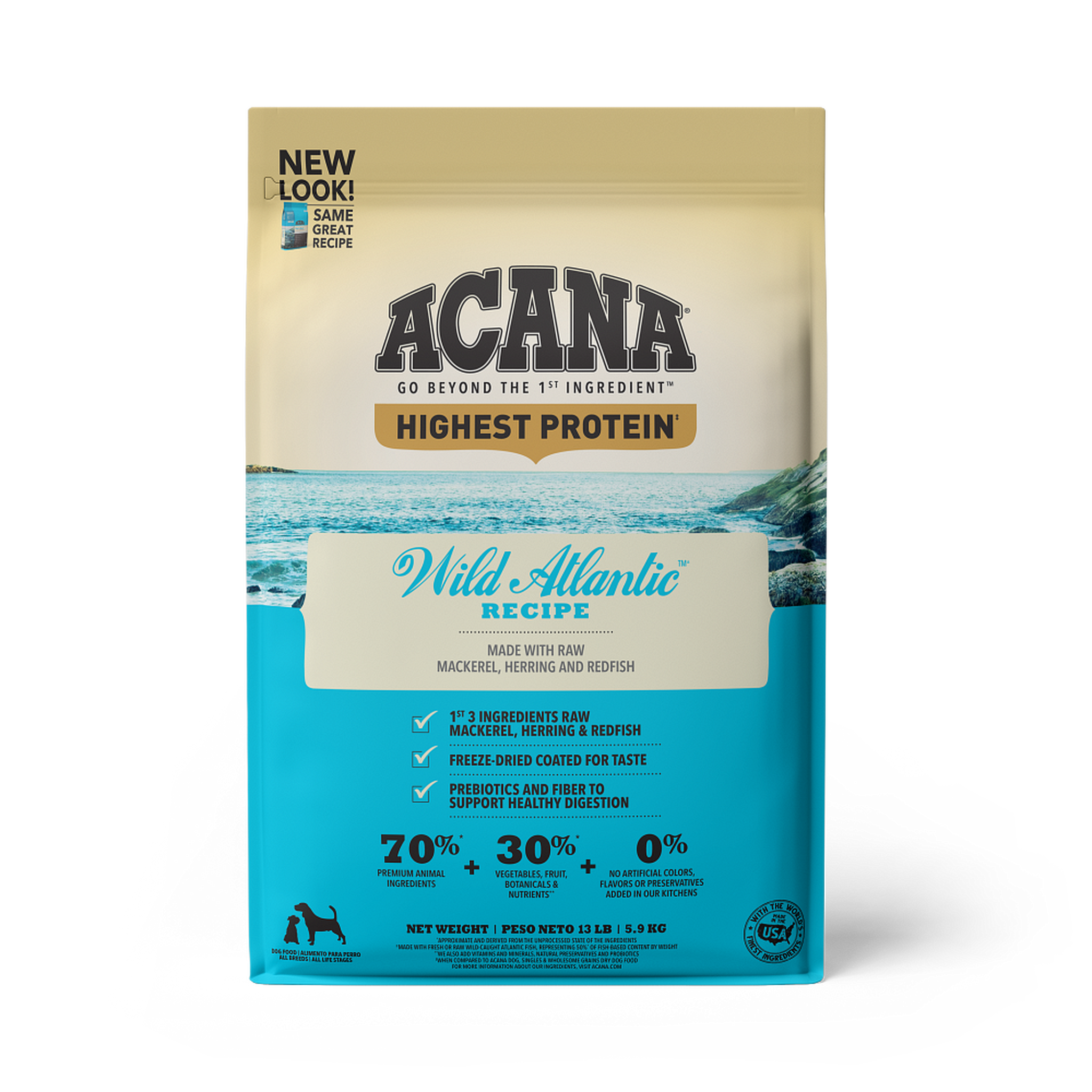 Acana Wild Atlantic Recipe grain-free dry dog food, front of the bag made with raw mackerel, herring and redfish with 70 percent premium animal ingredients