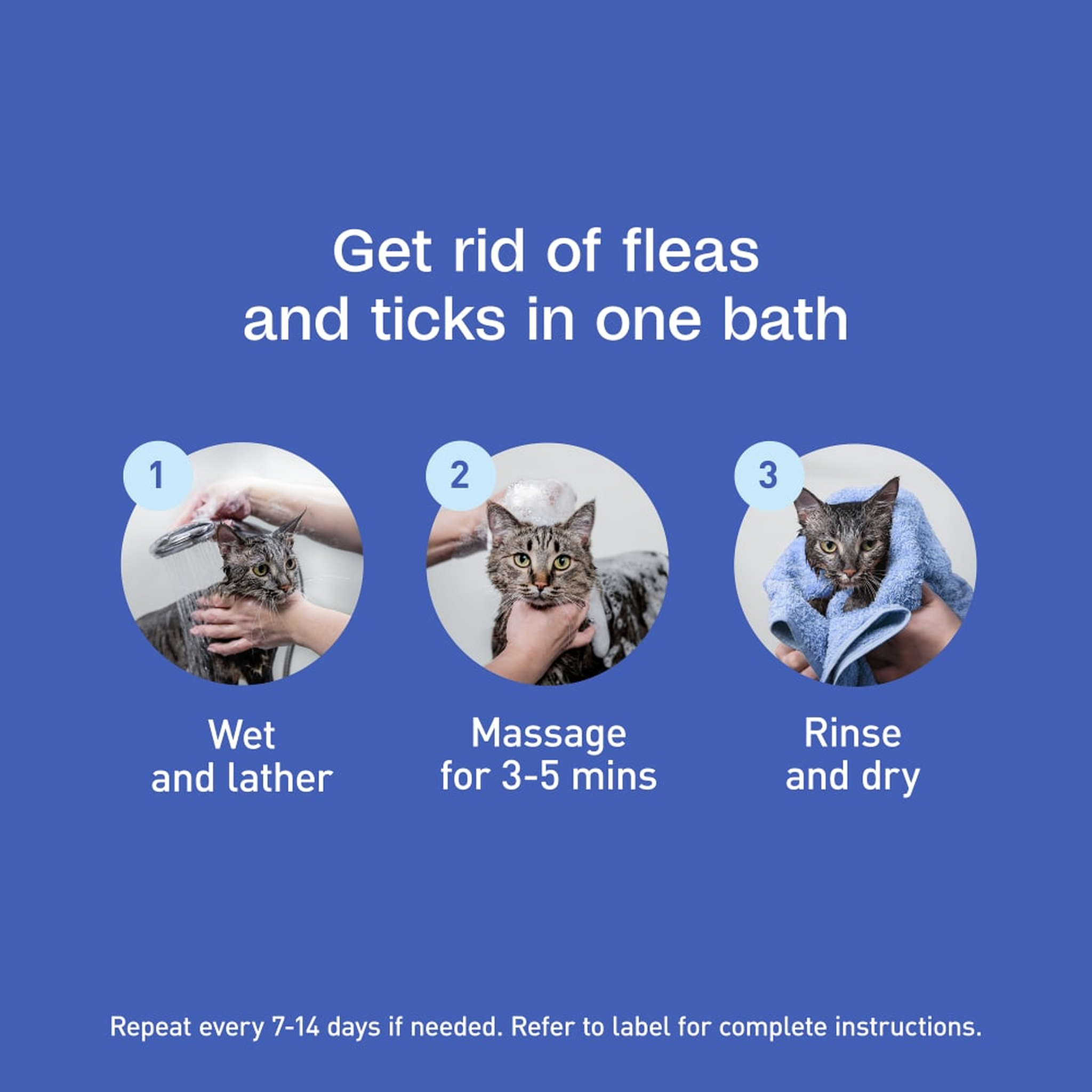 Get rid of fleas and ticks in one bath: wet and lather, massage 3 to 5 minutes, rinse and dry