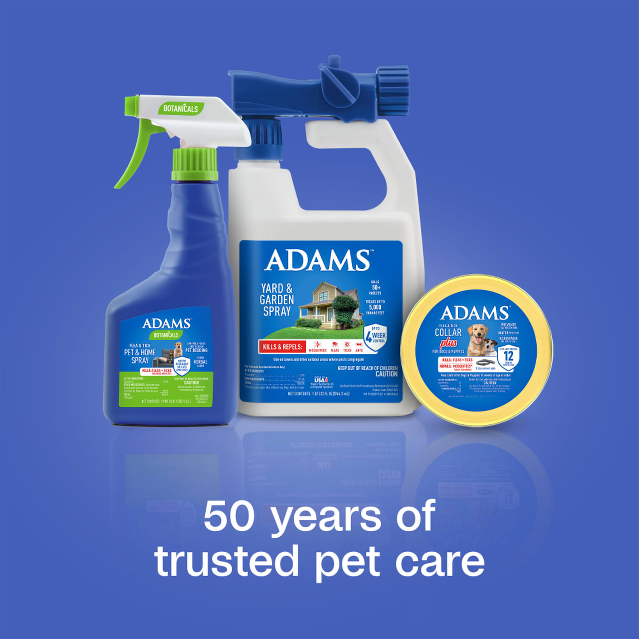 Adams flea and tick product family for pet, home and yard