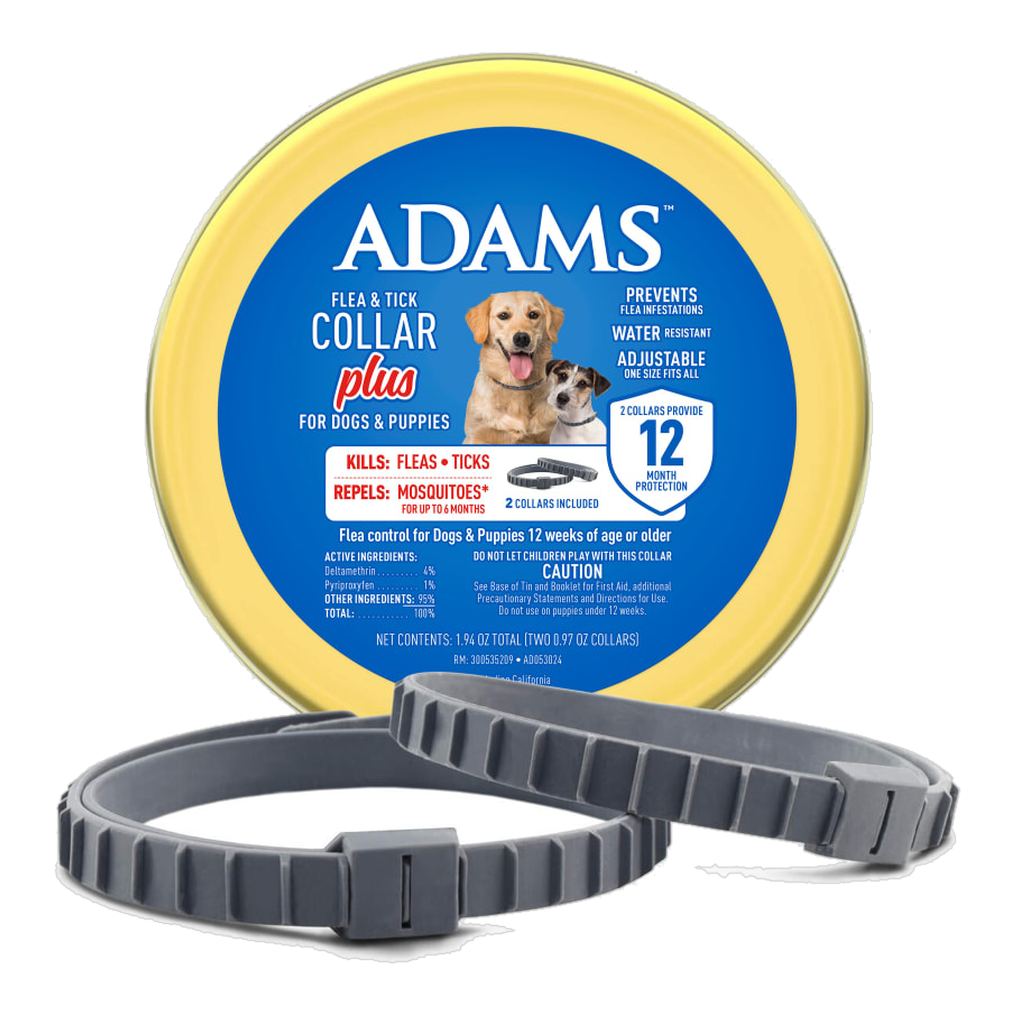 Adams Flea and Tick Collar Plus for Dogs and Puppies 2 count tin with two grey collars