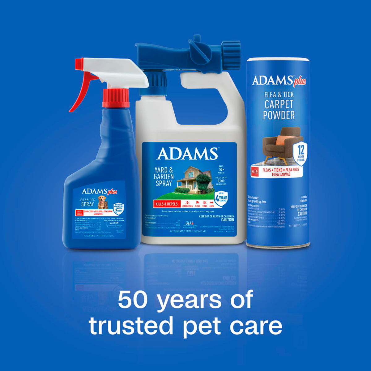 Adams flea and tick product family for pet, home and yard