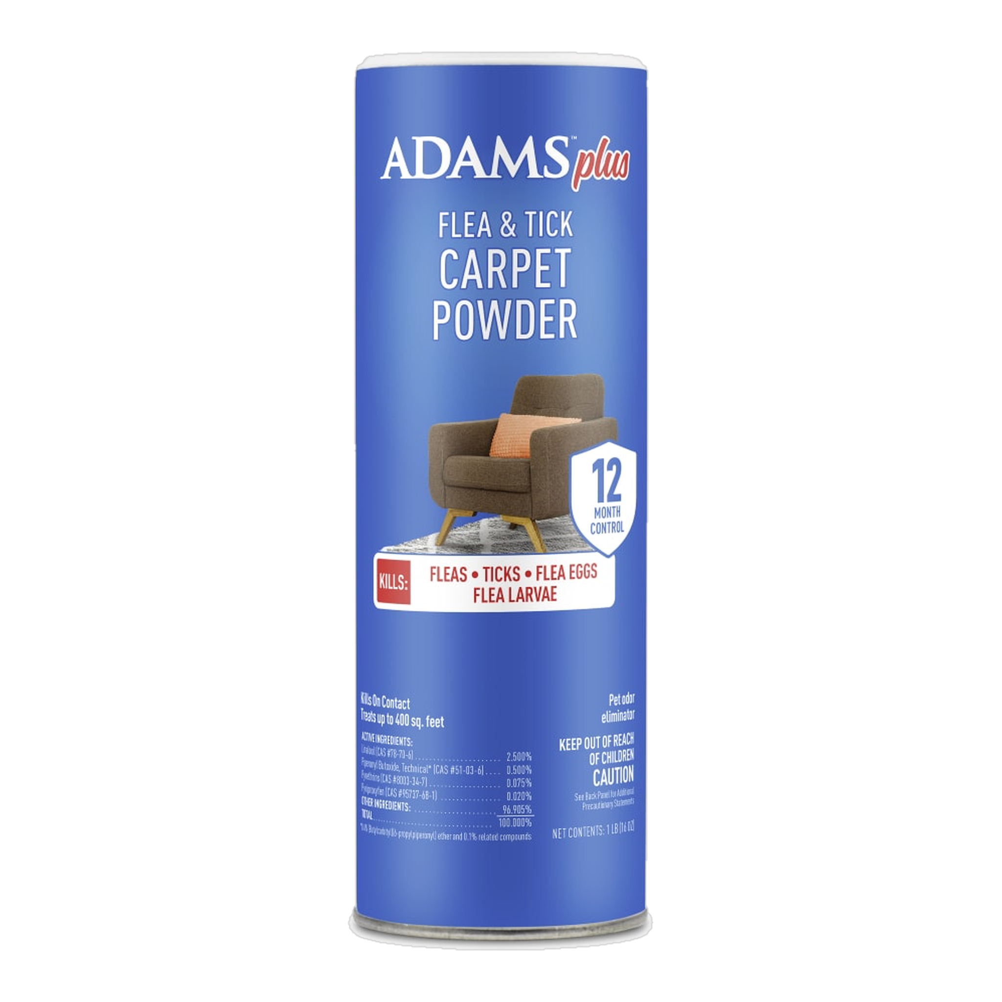 Adams Plus Flea and Tick Carpet Powder 16 oz container front label