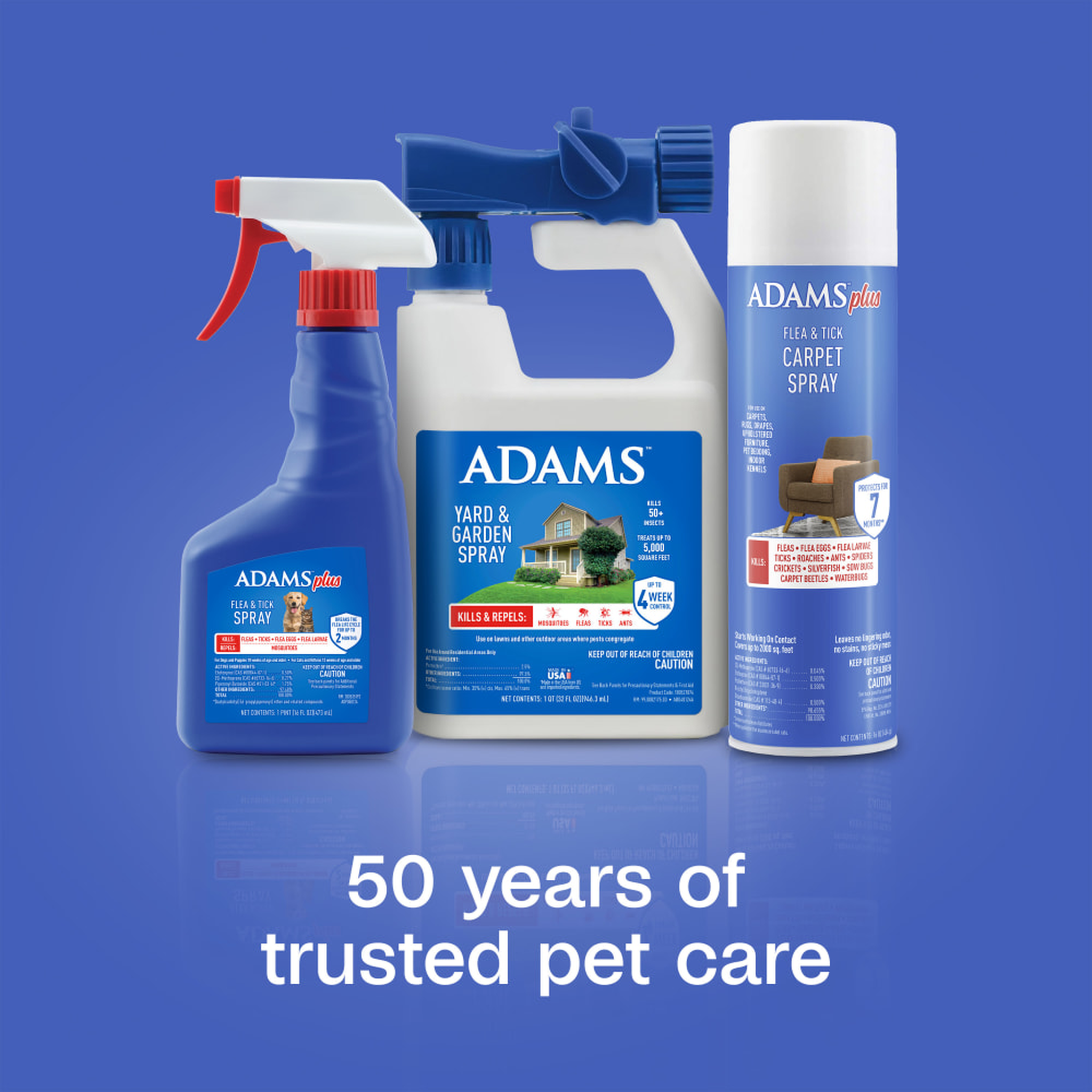 Adams flea and tick control family: yard spray, pet spray and carpet spray