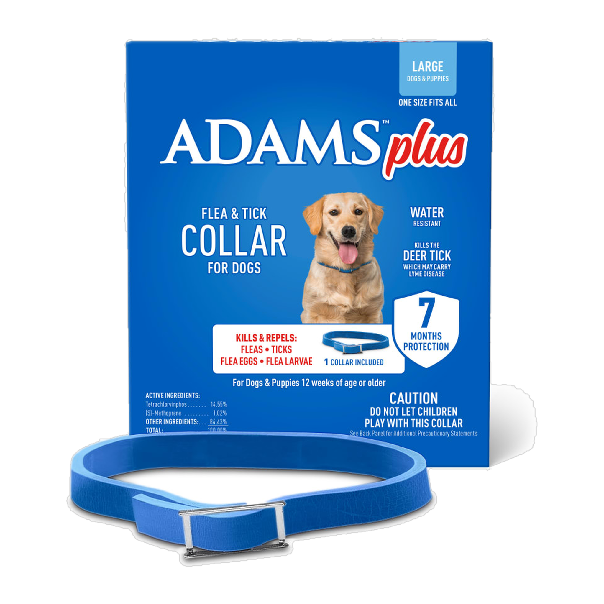 Adams Plus Flea & Tick Collar for Dogs Large box with blue collar, dogs 31-60 lbs