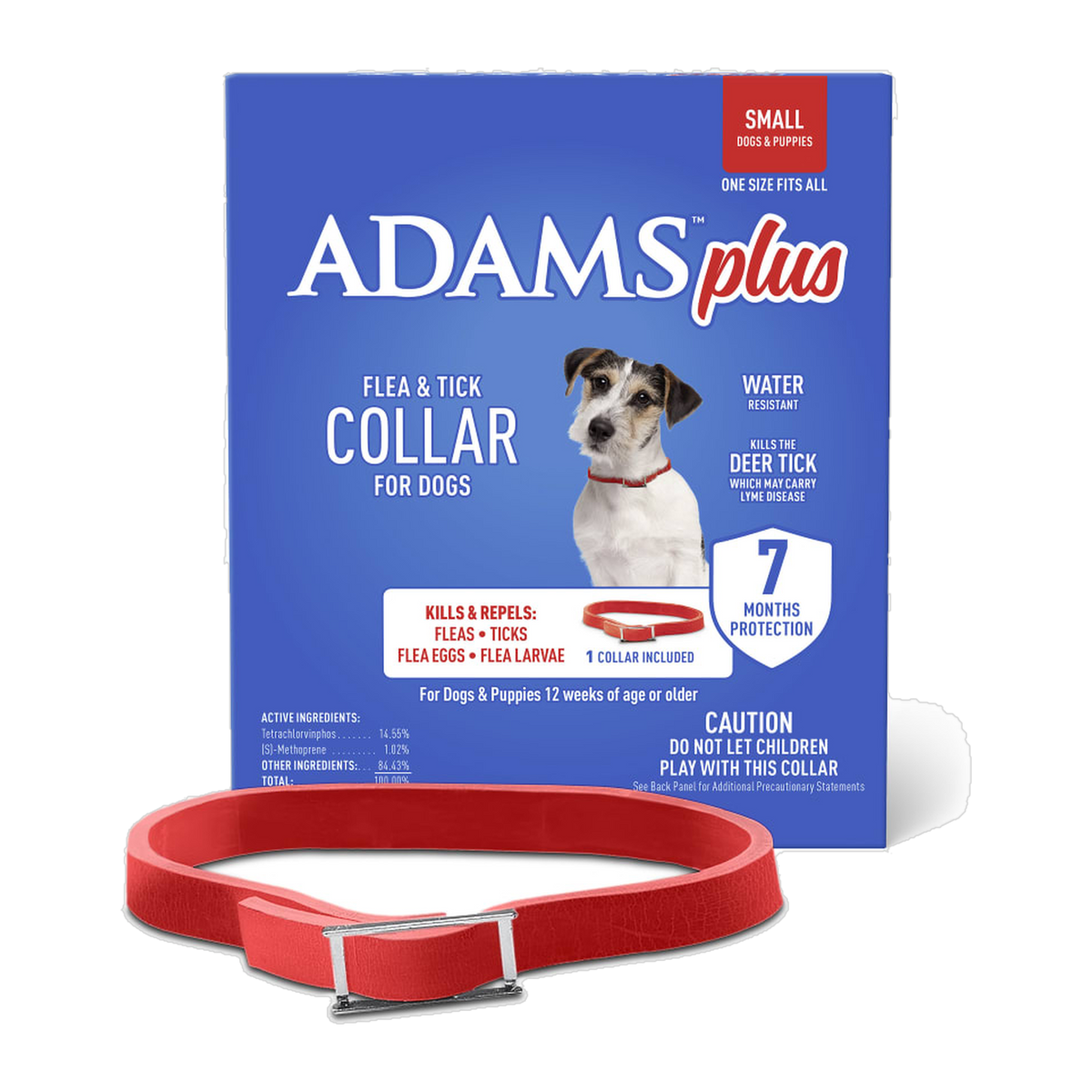 Adams Plus Flea & Tick Collar for Dogs Small box with red collar, dogs 5-14 lbs