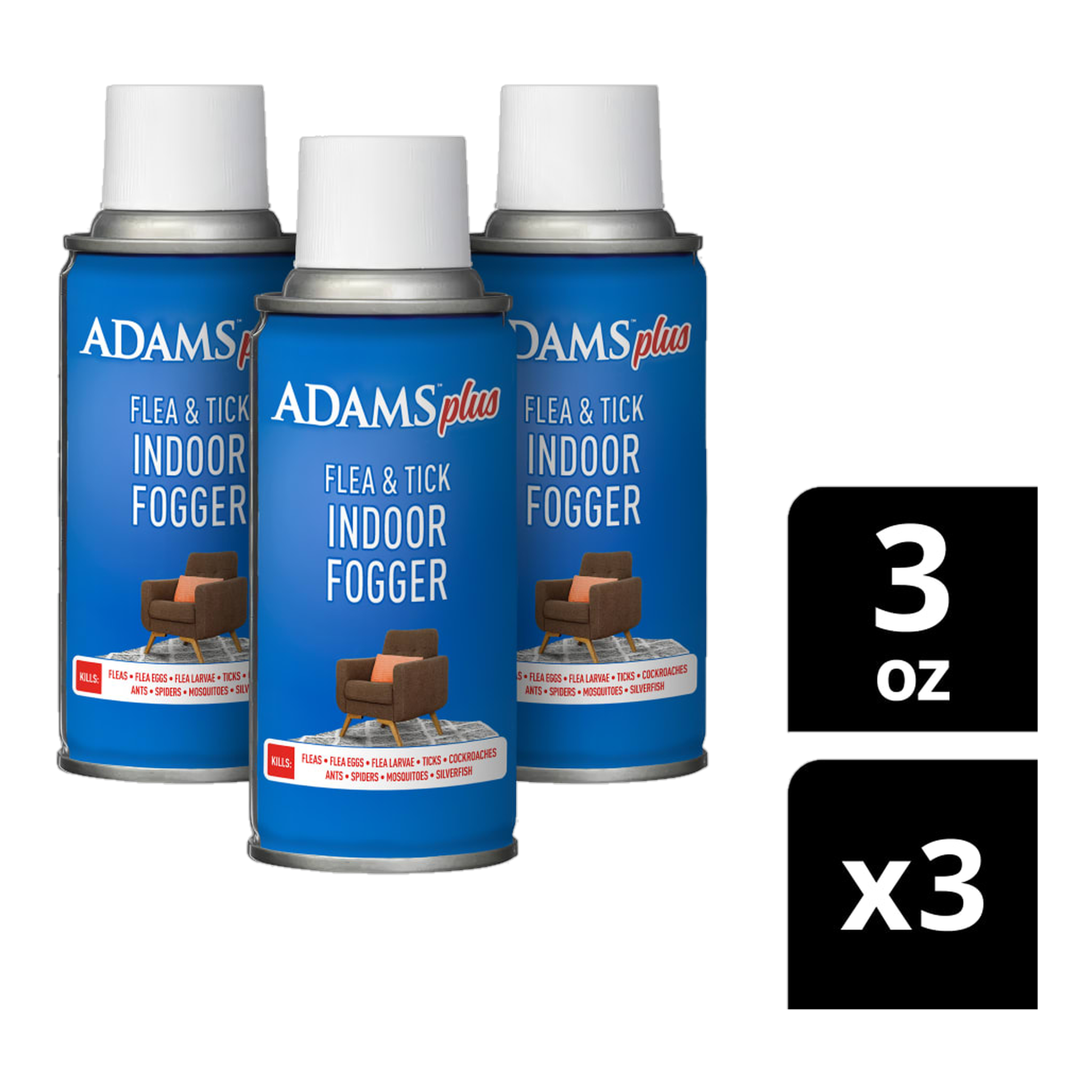 Adams Plus Flea and Tick Indoor Fogger carton and three fogger cans