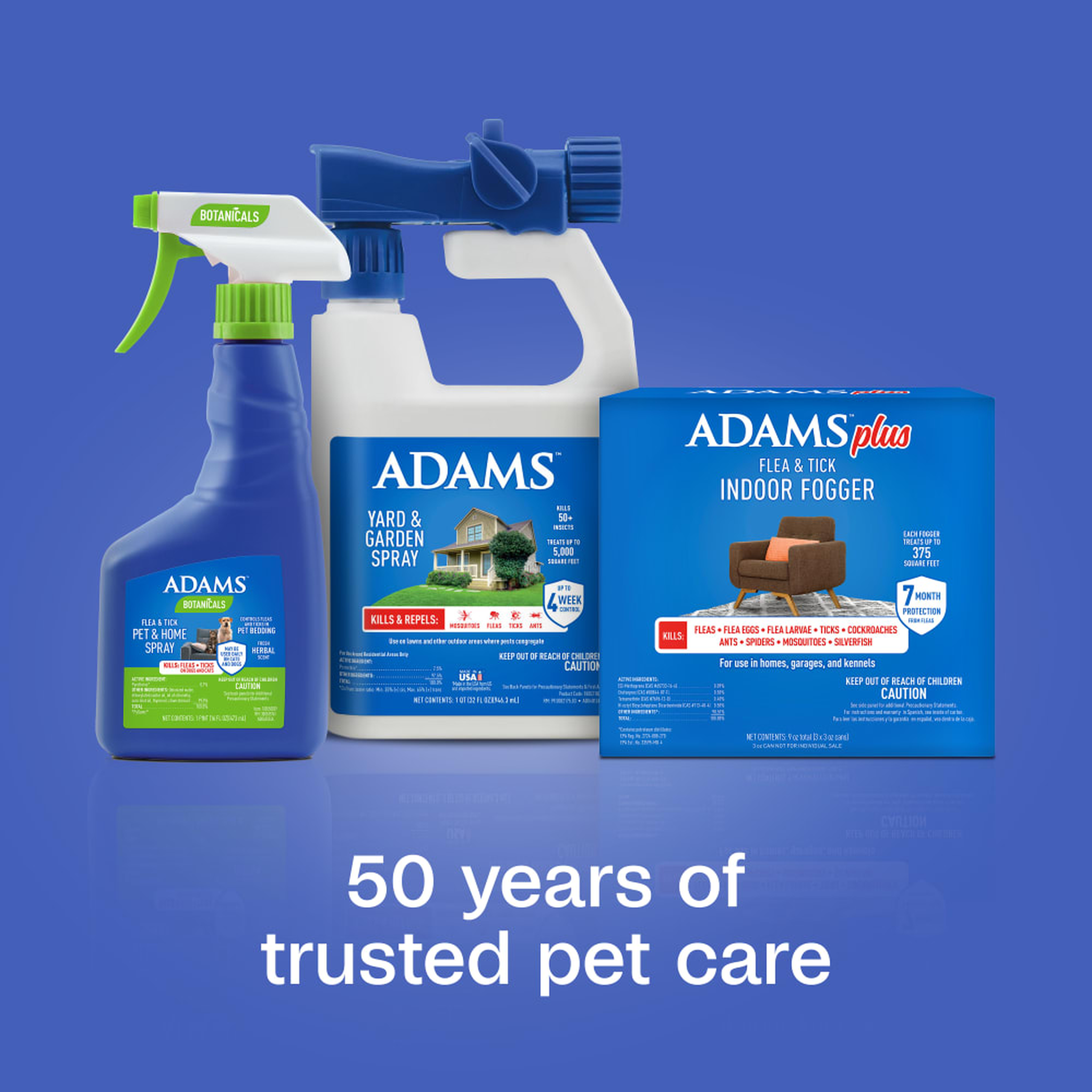 Adams flea and tick product family for pet, home and yard