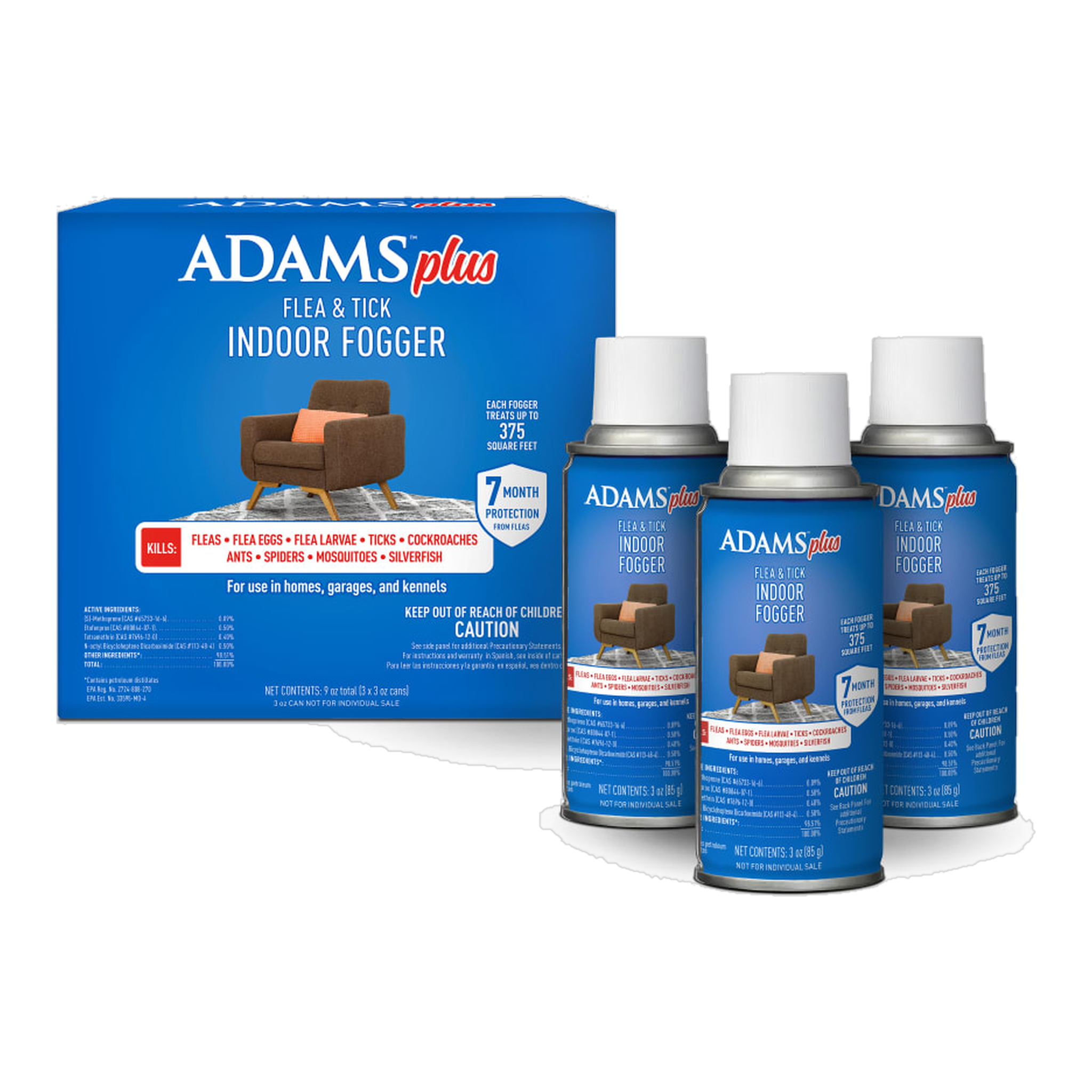 Adams Plus Flea and Tick Indoor Fogger 3 pack carton with three 3 ounce cans