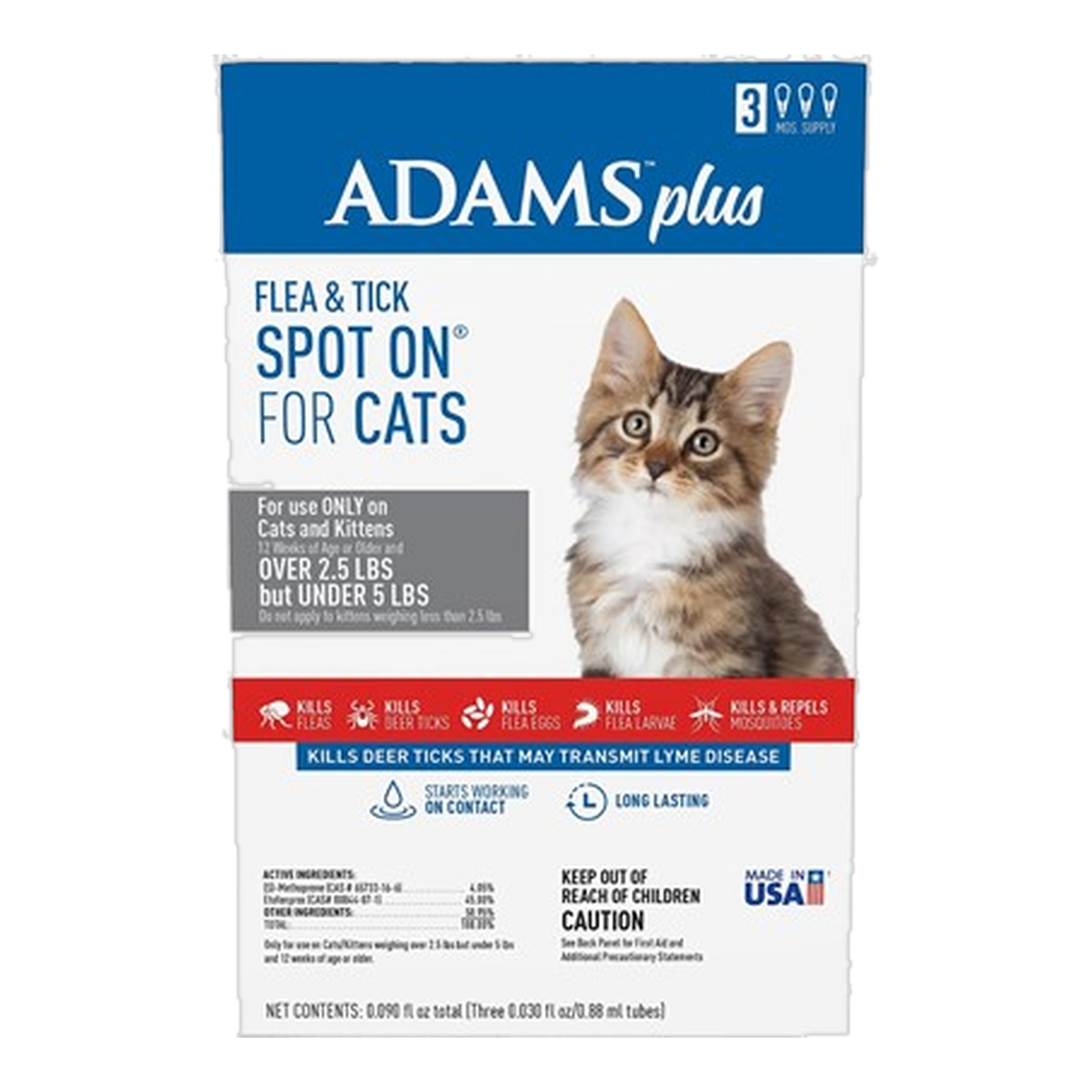 Adams Plus Flea and Tick Spot On for Cats carton for cats over 2.5 and under 5 pounds