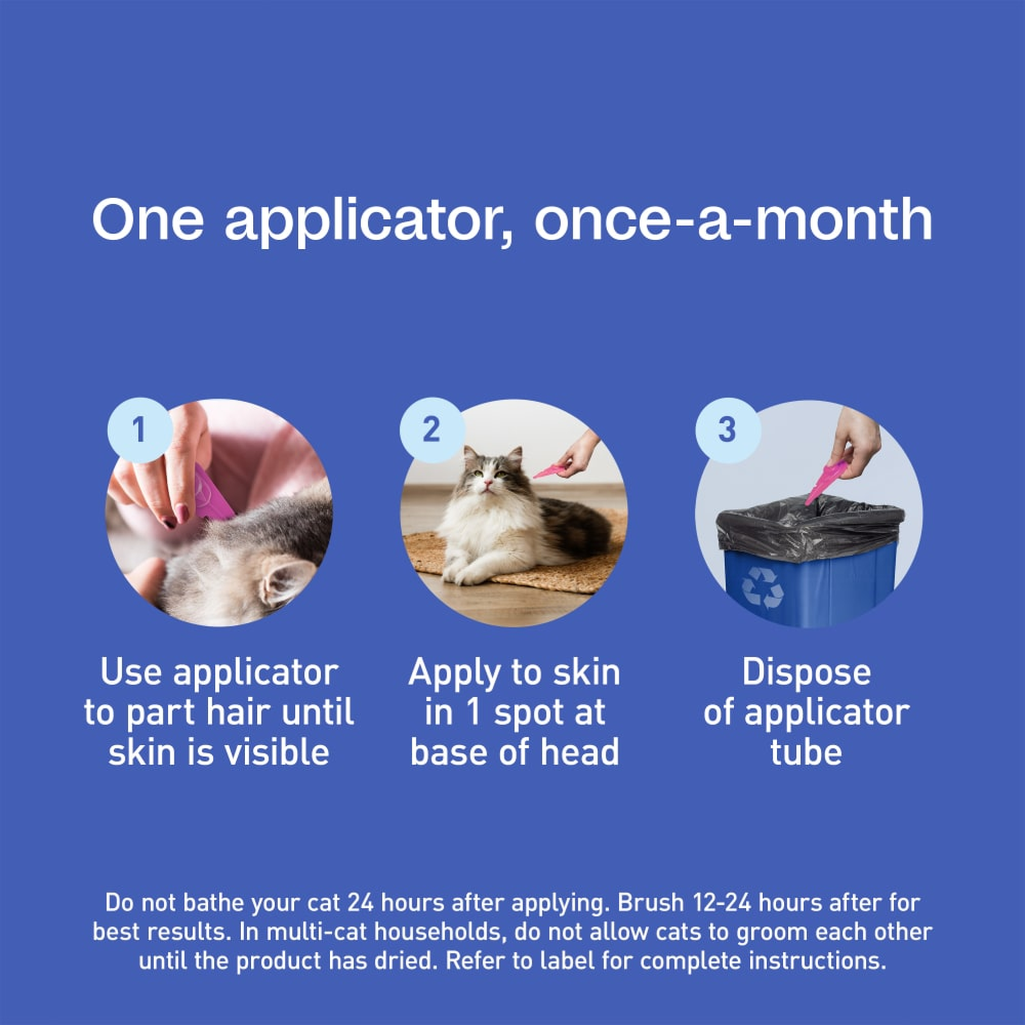 One applicator once a month: part the hair, apply to skin at the base of the head, dispose of the tube
