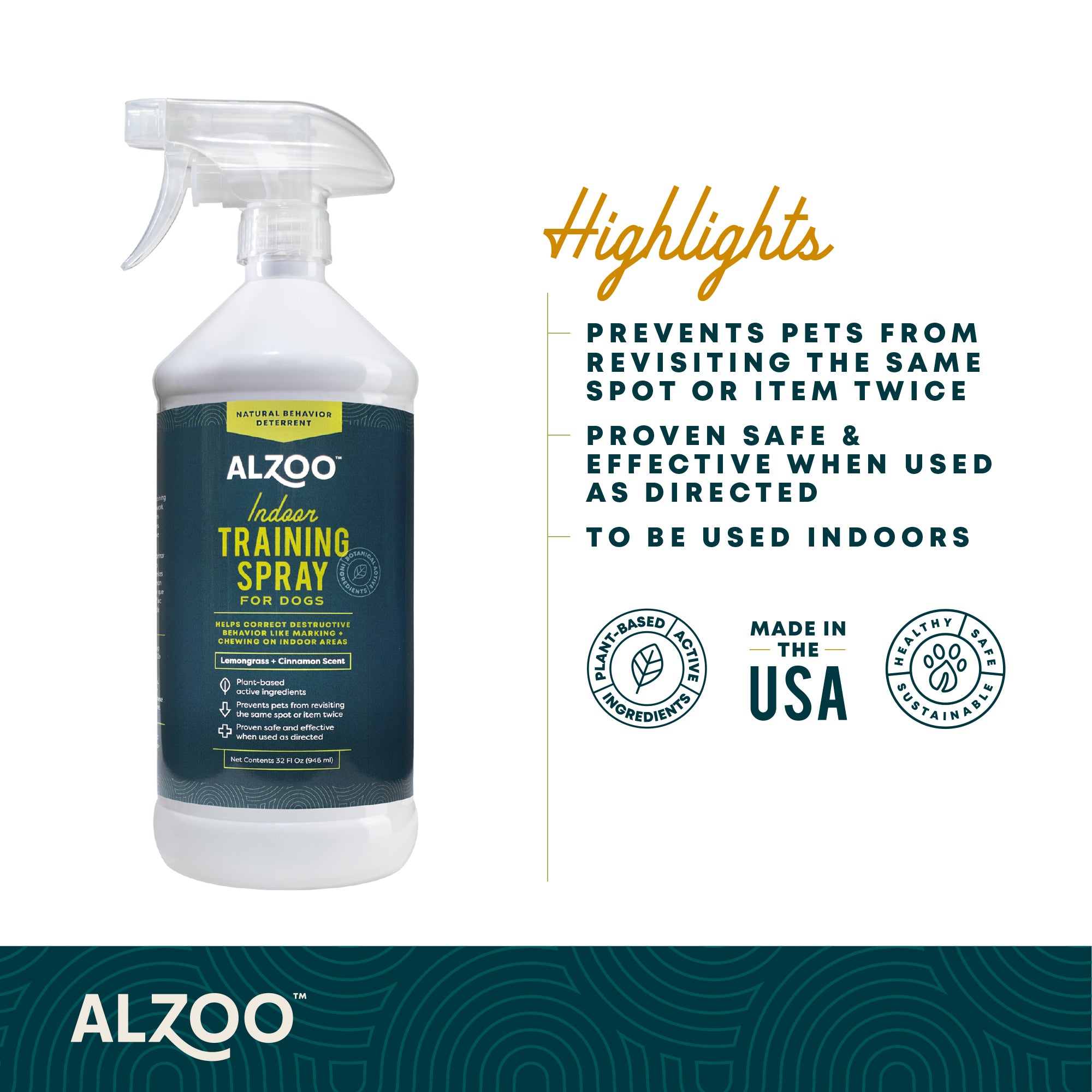 Alzoo Indoor Training Spray highlights - prevents revisiting, safe as directed, made in USA