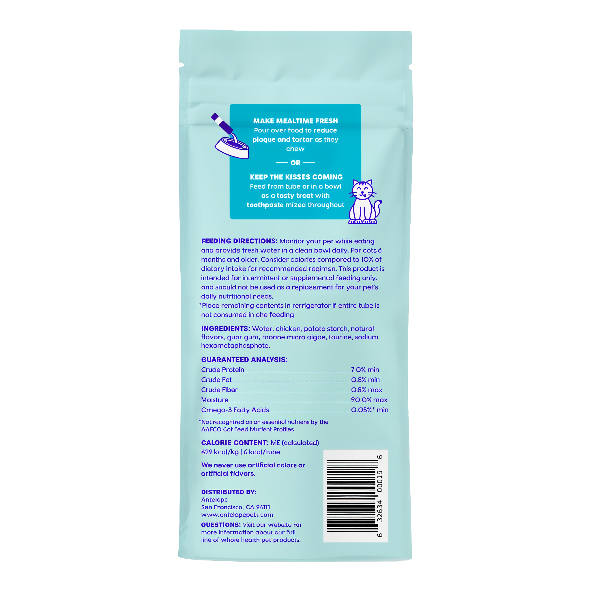 Chicken flavor pouch back with feeding directions, ingredients and guaranteed analysis