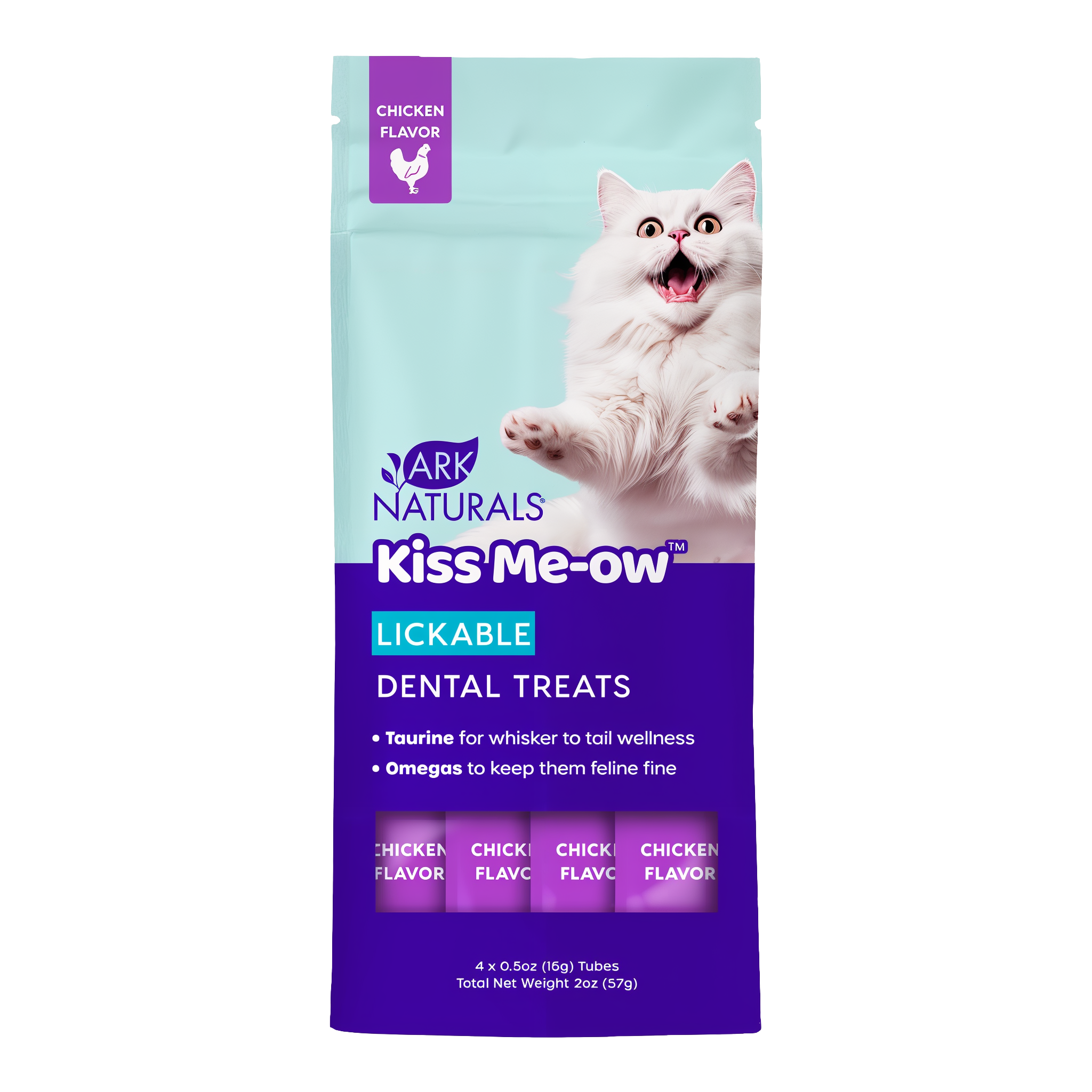 Ark Naturals Kiss Me-Ow Lickable cat dental treats chicken flavor 2 oz pouch front