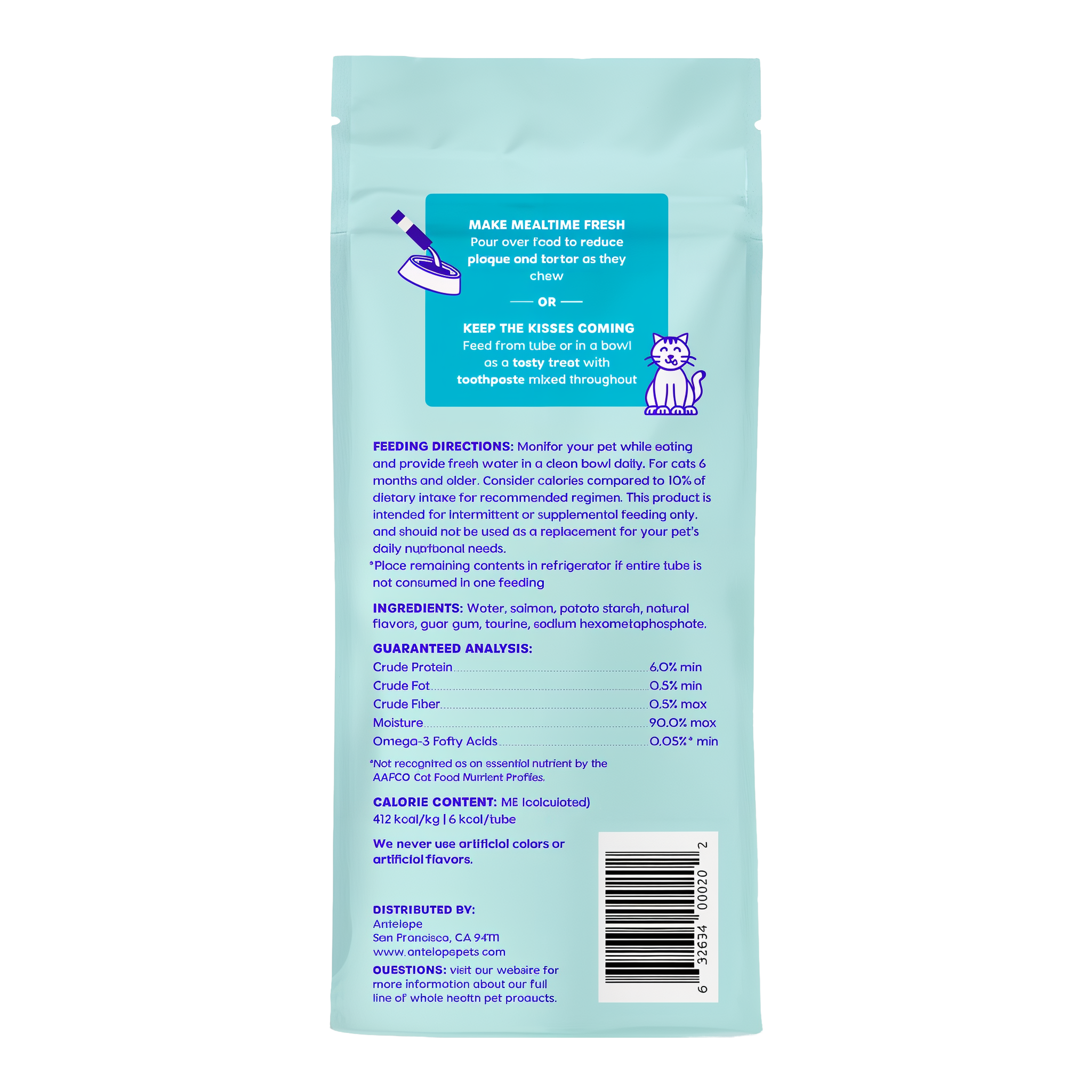 Salmon flavor pouch back with feeding directions, ingredients and guaranteed analysis