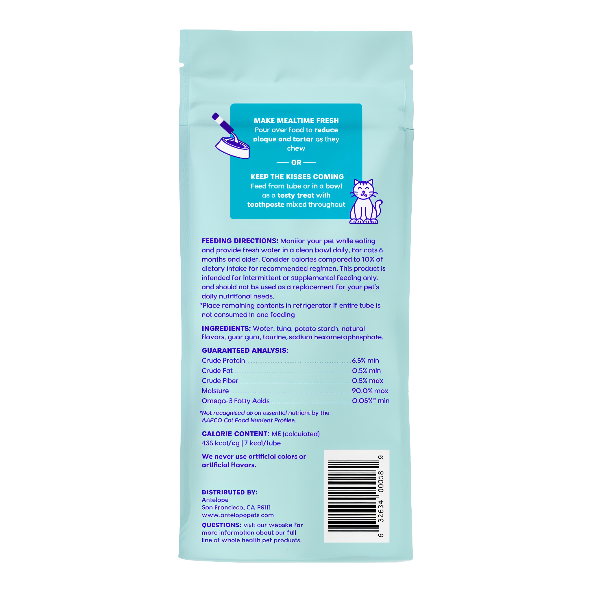 Tuna flavor pouch back with feeding directions, ingredients and guaranteed analysis