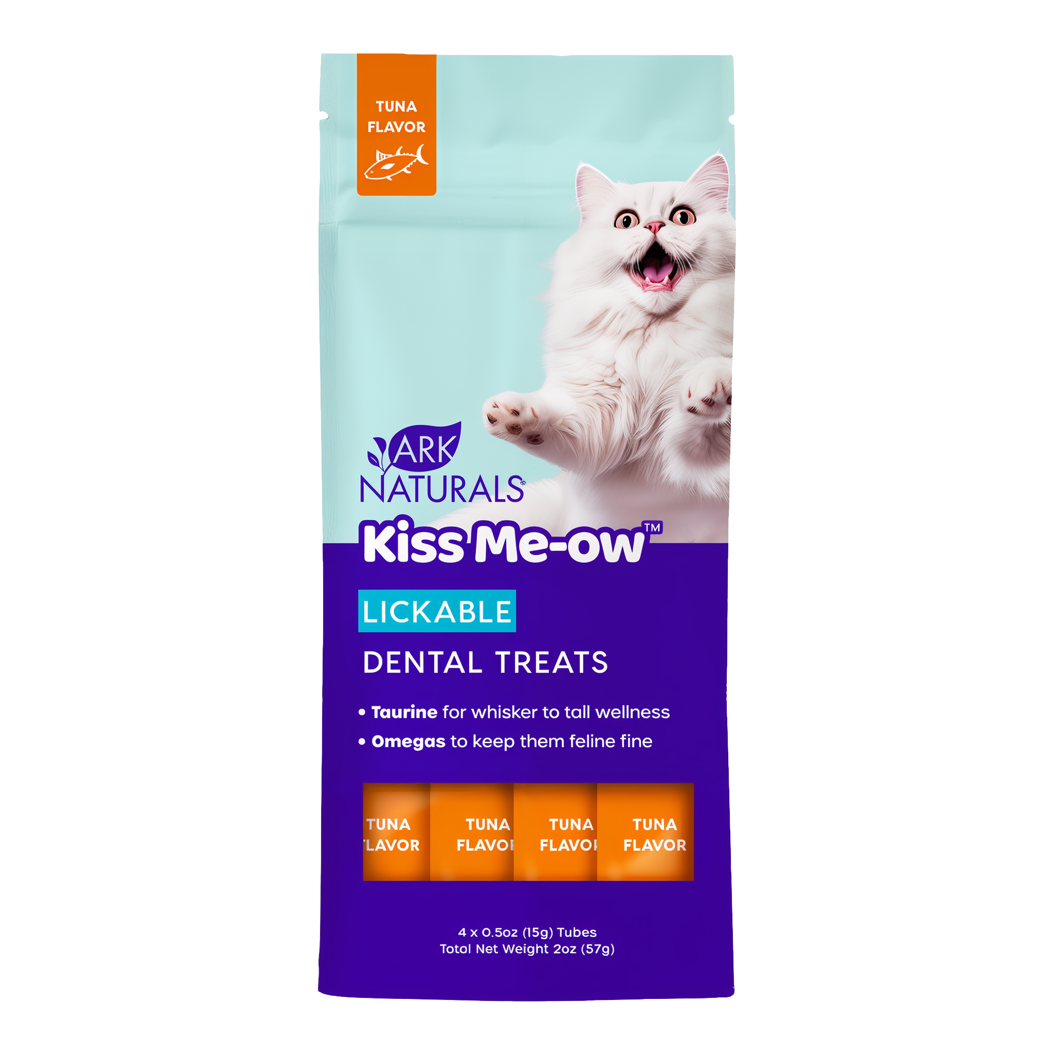 Ark Naturals Kiss Me-Ow Lickable cat dental treats tuna flavor 2 oz pouch front